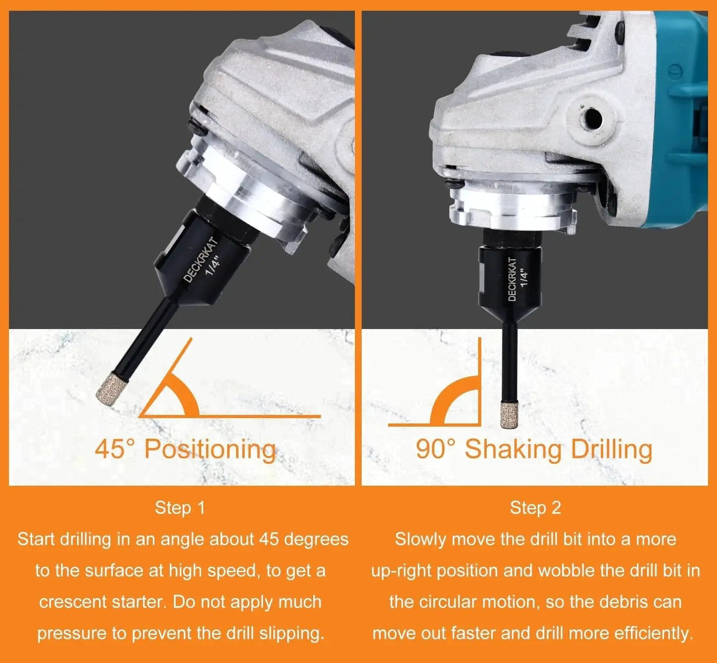 Two Pack 1/4 Inch Diamond Core Drill Bits For Dry And Wet Drilling On Granite Marble Ceramic Glass Porcelain Tiles Stones And Flower Pots With 5/8-11 Thread For Angle Grinders Including Tile Hole Saw Bits in use on angle grinder.