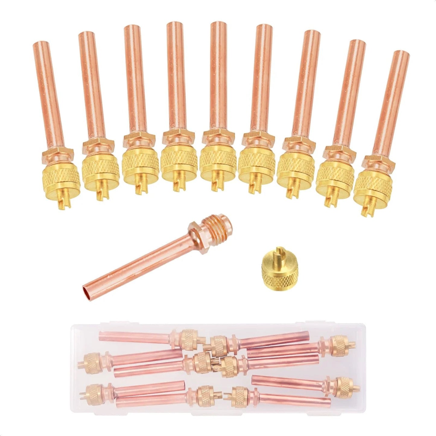 Ten Piece One Quarter Inch Schrader Access Service Valve Kit For HVAC And Refrigeration Systems Vacuum Or Charging Use SAE To One Quarter Inch OD Two Point Five Inch Stem Core And Cap Set Plastic Box.
