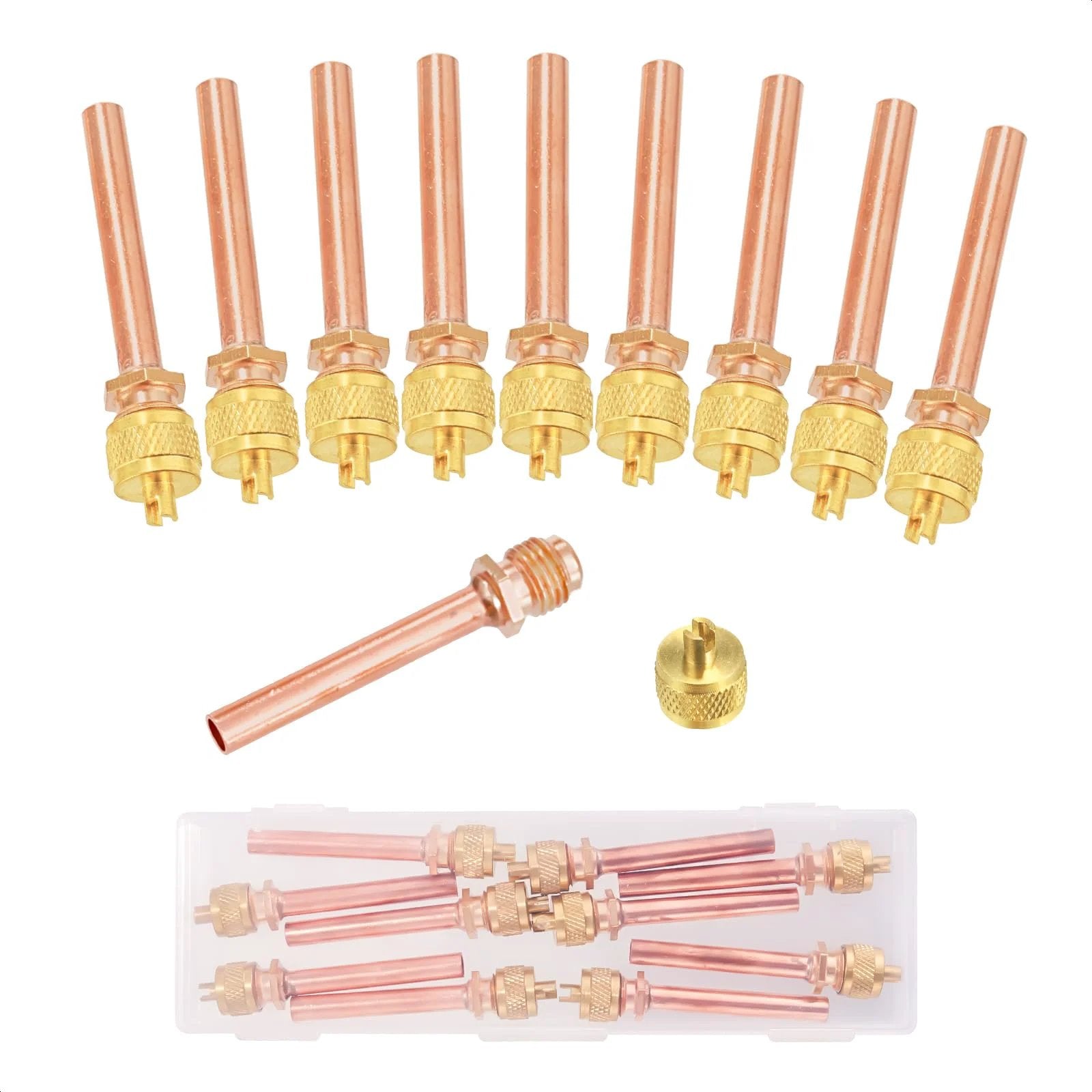 Ten Piece One Quarter Inch Schrader Access Service Valve Kit For HVAC And Refrigeration Systems Vacuum Or Charging Use SAE To One Quarter Inch OD Two Point Five Inch Stem Core And Cap Set in a plastic box.