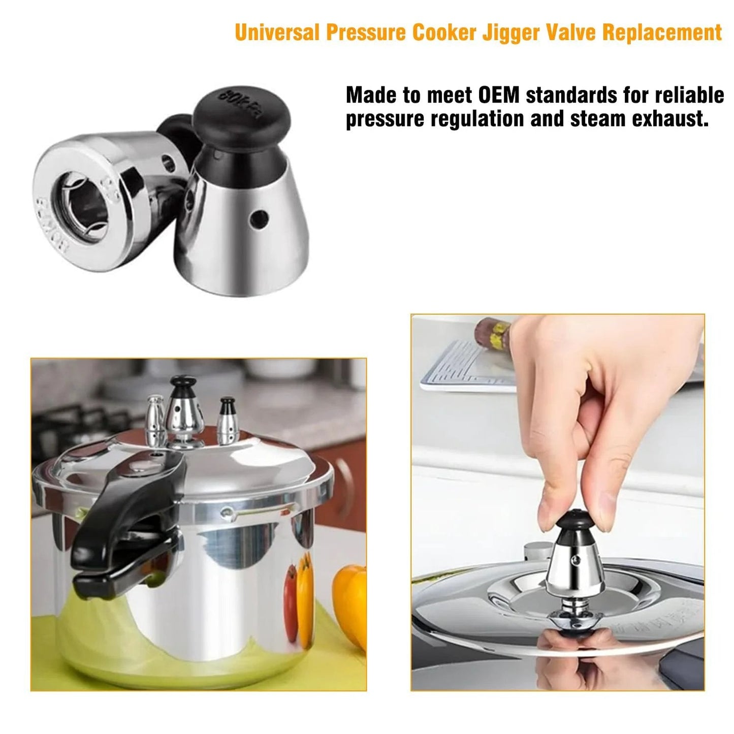 Universal 80kPa Pressure Cooker Jigger Valve Replacement shown installed on lid and separately, stainless steel and plastic design.