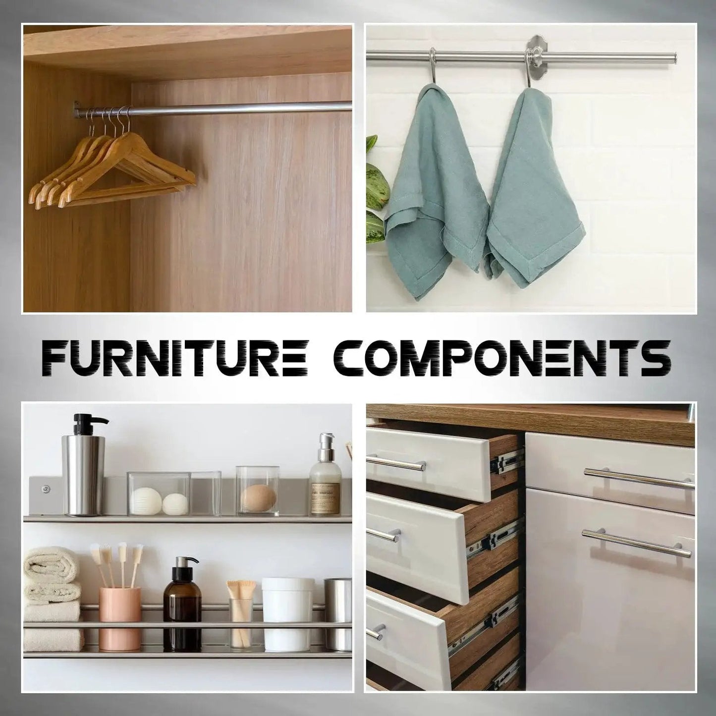 Collage of metal furniture components including towel bars, drawer handles, racks, and hanging rods.