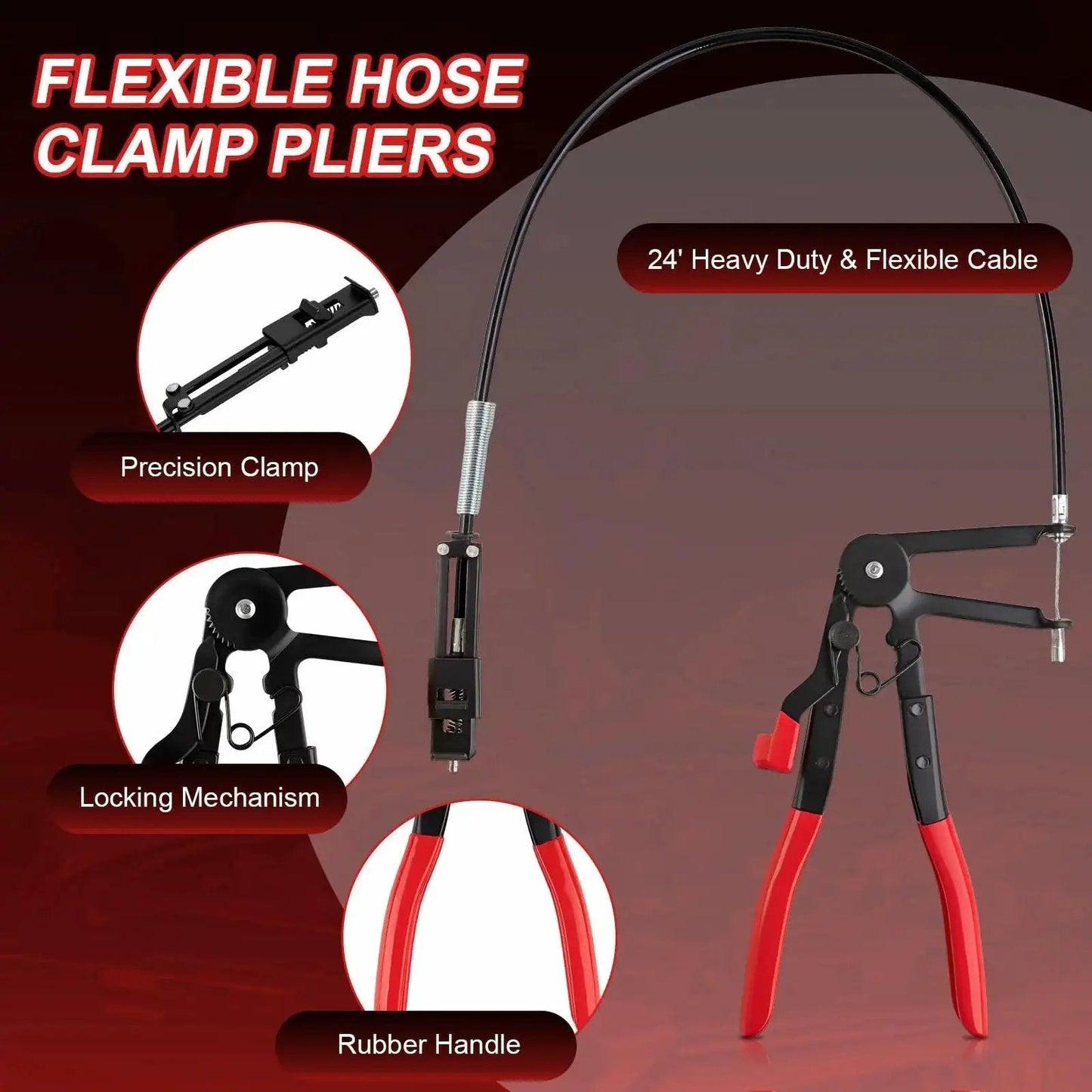 16 Piece Hose Clamp Pliers Set With Long Reach For Fuel Oil Coolant Hoses, showing flexible cable and rubber handle, side view