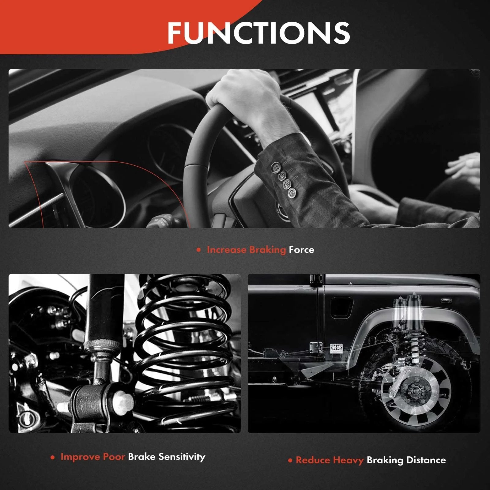 Interior view illustrating improved braking functions, suspension close-up, and side view of a car with brake enhancements.
