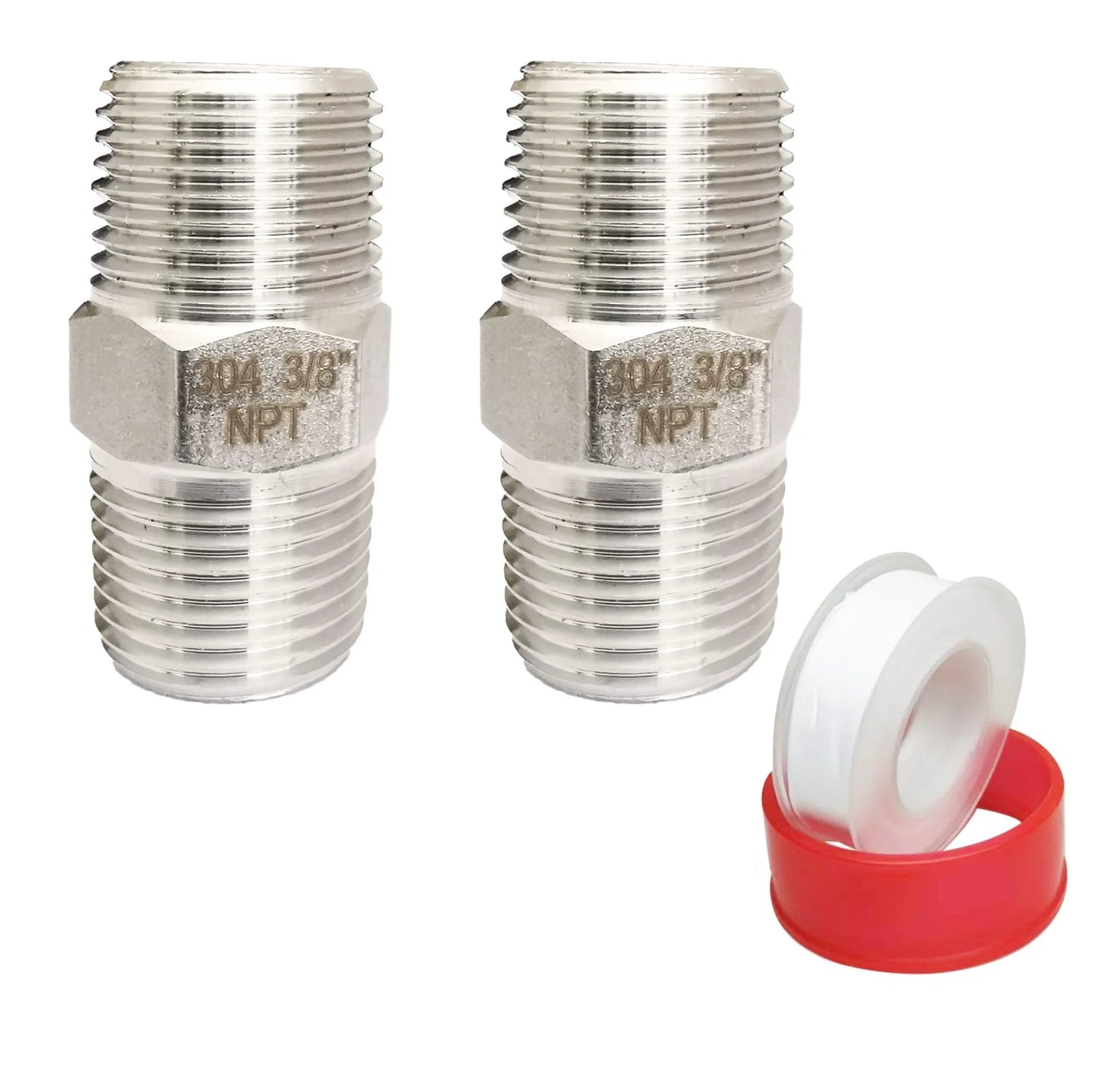 3/8 Inch Male to 3/8 Inch Male NPT Threaded Hex Nipples in 304 Stainless Steel Pro Grade Pipe Fittings for Plumbing, Equal Connectors, Corrosion Resistant, Includes Teflon Plumbers Tape Pack of 2