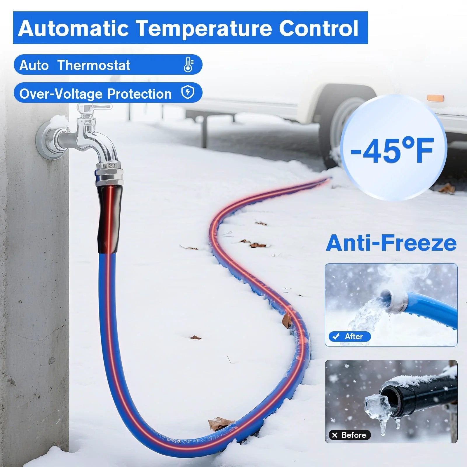 Heavy Duty Heated RV Water Hose 100 Ft Five Eighths Inch With Auto Thermostat for Freezing Weather Anti Freeze Drinking Water Line