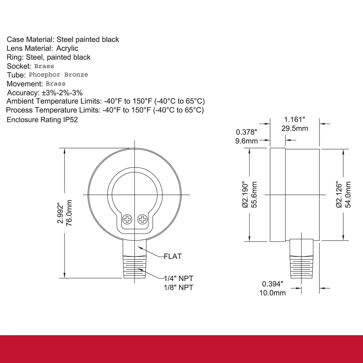 Technical drawing of a 2 Inch Dial Dry Pressure Gauge with 0 to 100 Psi and KPa dual scale, brass internals, black steel case, bottom mount.