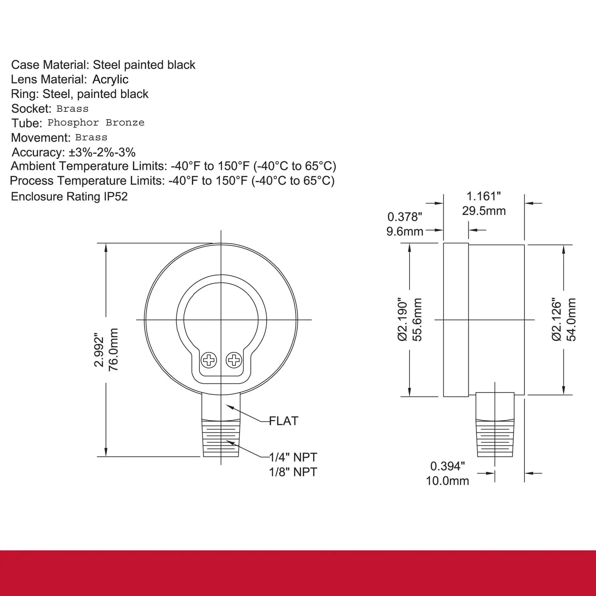 Technical drawing of a 2 Inch Dial Dry Pressure Gauge with 0 to 100 Psi and KPa dual scale, brass internals, black steel case, bottom mount.