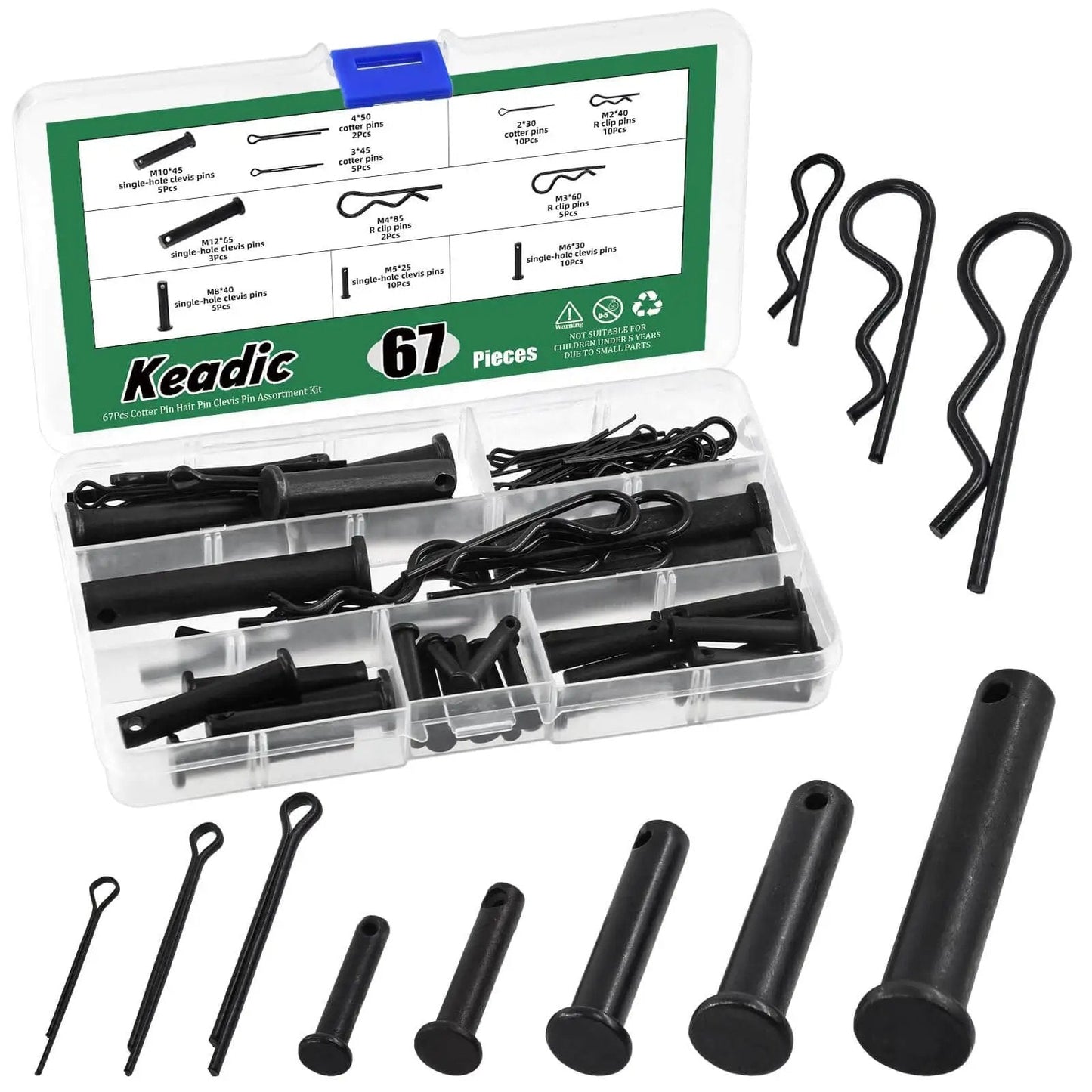 All In One 67 Piece Flat Head Cotter Pins Assortment Kit With R Clips Clevis Pins And Split Cotter Pins Stainless Steel Black Finish 11 Sizes For DIY Auto Home Improvement Projects Keadic