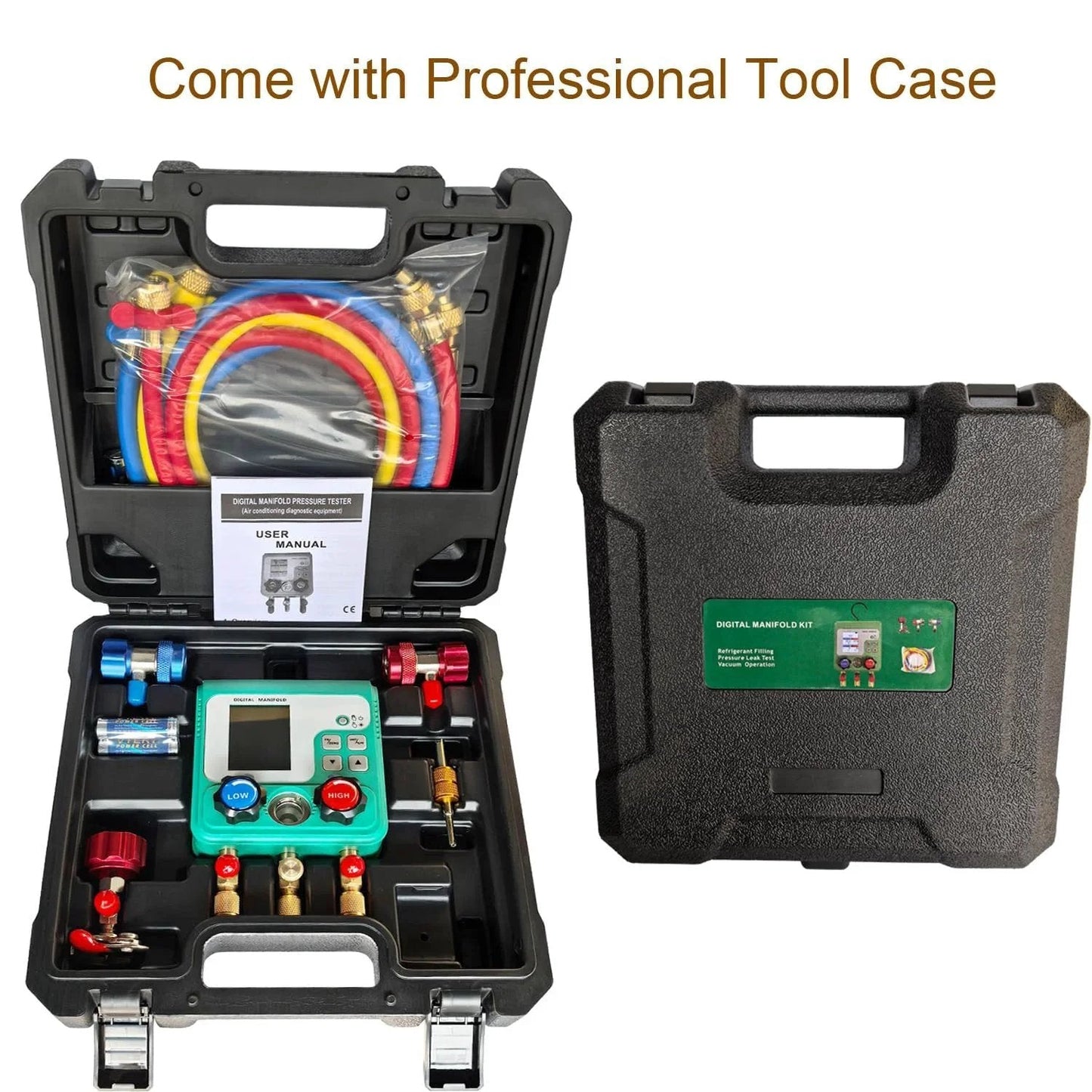 Professional Digital HVAC Manifold Gauge Set Vanlison with case, colorful hoses, and dual pressure gauge.