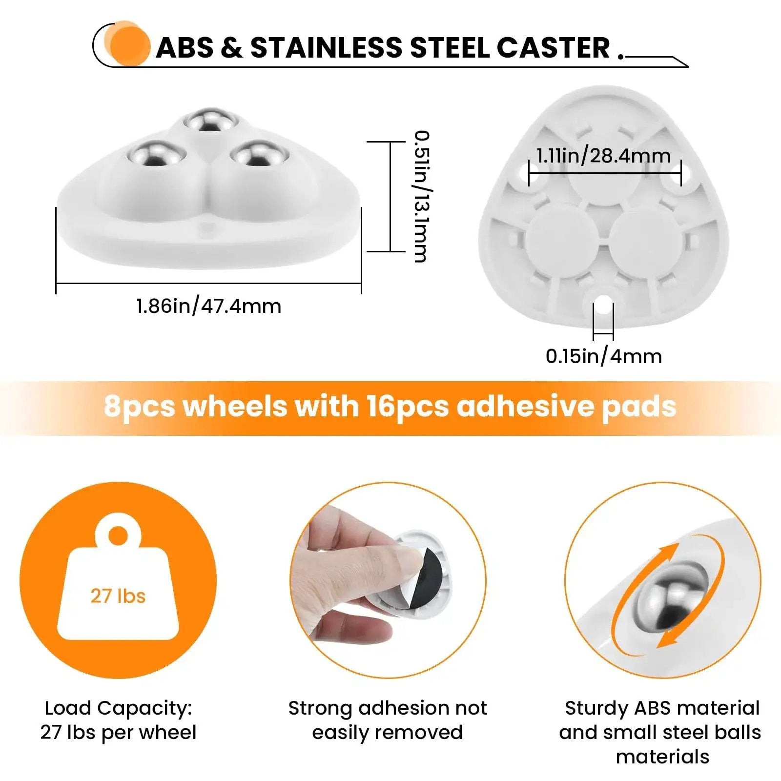 Dimensions and features of Mini Self Adhesive Caster Wheels 360 Degree Swivel Ball Transfer Rollers for Small Appliances, 8 pack