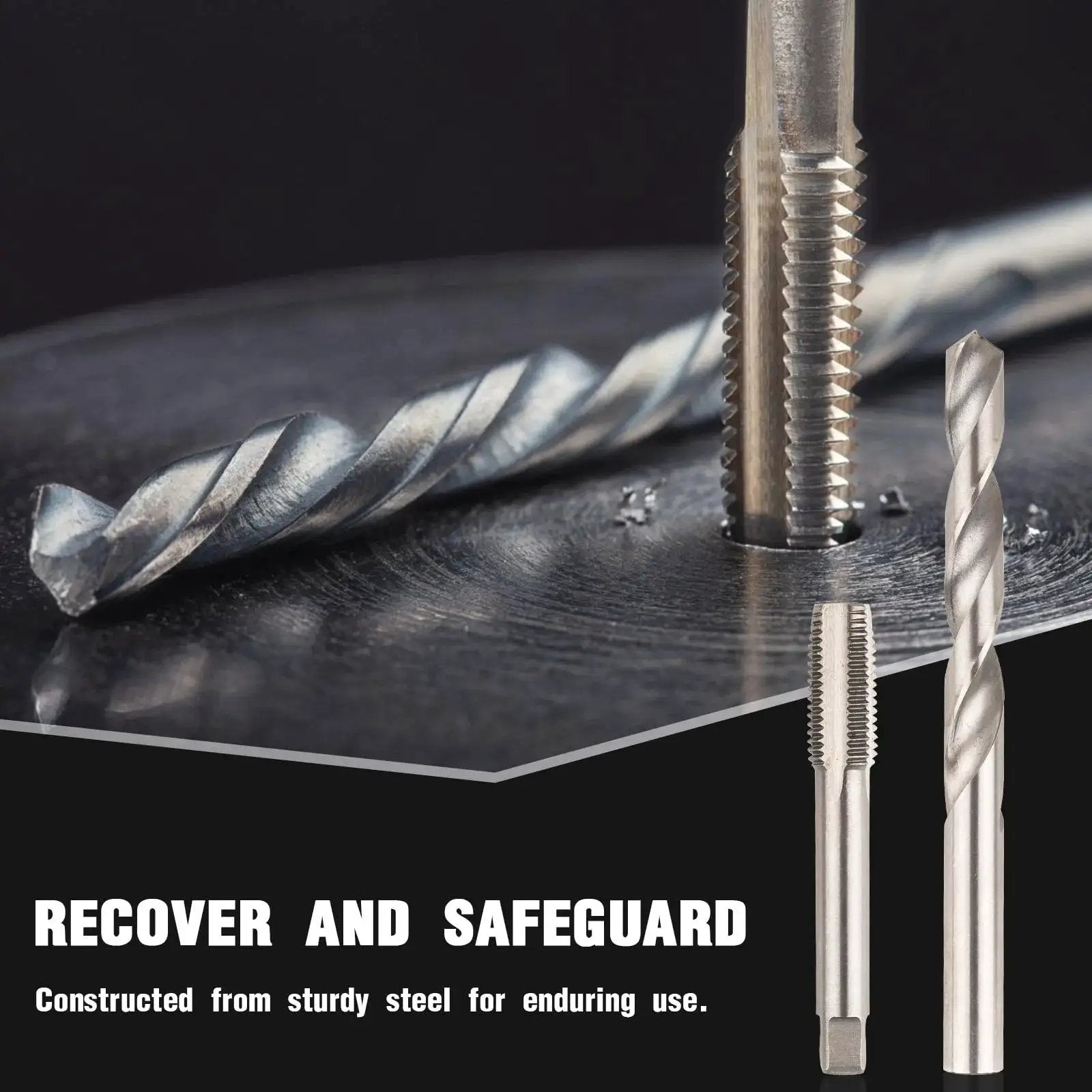 Helicoil Thread Repair Kit 131Piece Metric Set For M5 M6 M8 M10 M12 Automotive showing drill bits and taps on metal surface
