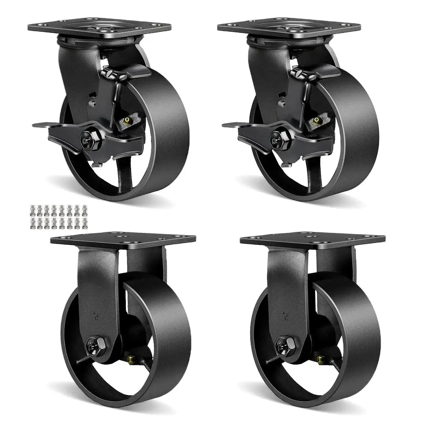 Heavy Duty Castor Wheels Set Of 4 In Steel And Cast Iron 6 Inch Rigid And Braked Casters Shown With Mounting Hardware