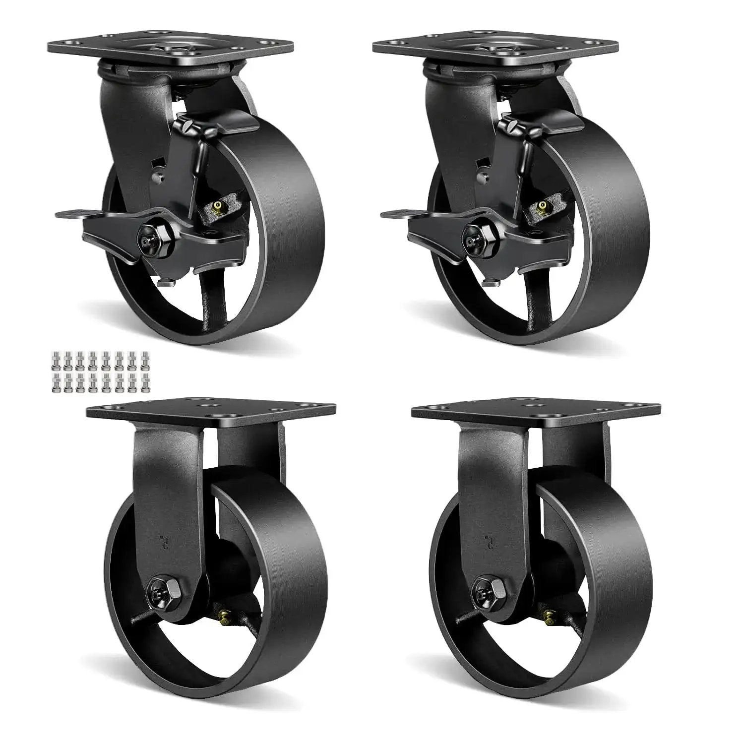 Heavy Duty Castor Wheels Set Of 4 In Steel And Cast Iron 6 Inch Rigid And Braked Casters Shown With Mounting Hardware