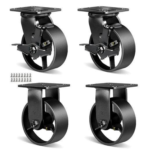 Heavy Duty Castor Wheels Set Of 4 In Steel And Cast Iron 6 Inch Rigid And Braked Casters Shown With Mounting Hardware
