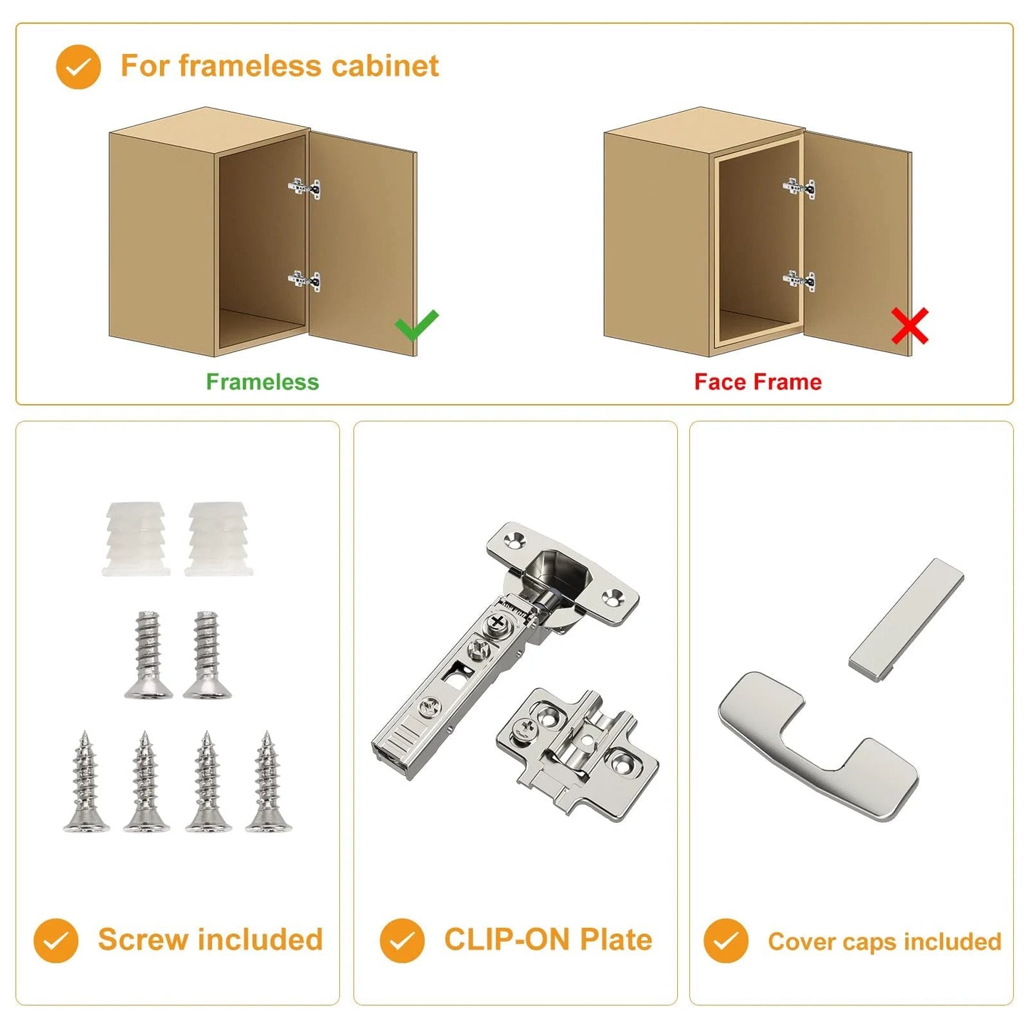 Frameless Full Overlay Cabinet Hinges With Soft Close Self Closing For Quick DIY Install, 105 Degree Opening, 4D Adjustment, Speed Control, Clip On, Satin Nickel Finish, Stainless Steel For European Style Cabinet Doors, 10 Pack Chibery, showing components and installation type