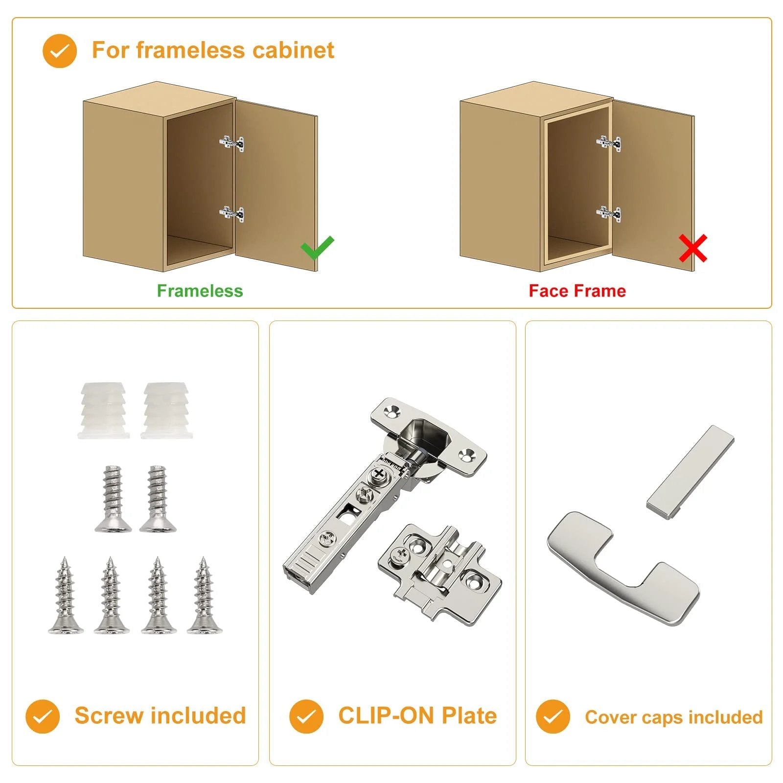 Frameless Full Overlay Cabinet Hinges With Soft Close Self Closing For Quick DIY Install, 105 Degree Opening, 4D Adjustment, Speed Control, Clip On, Satin Nickel Finish, Stainless Steel For European Style Cabinet Doors, 10 Pack Chibery, showing components and installation type