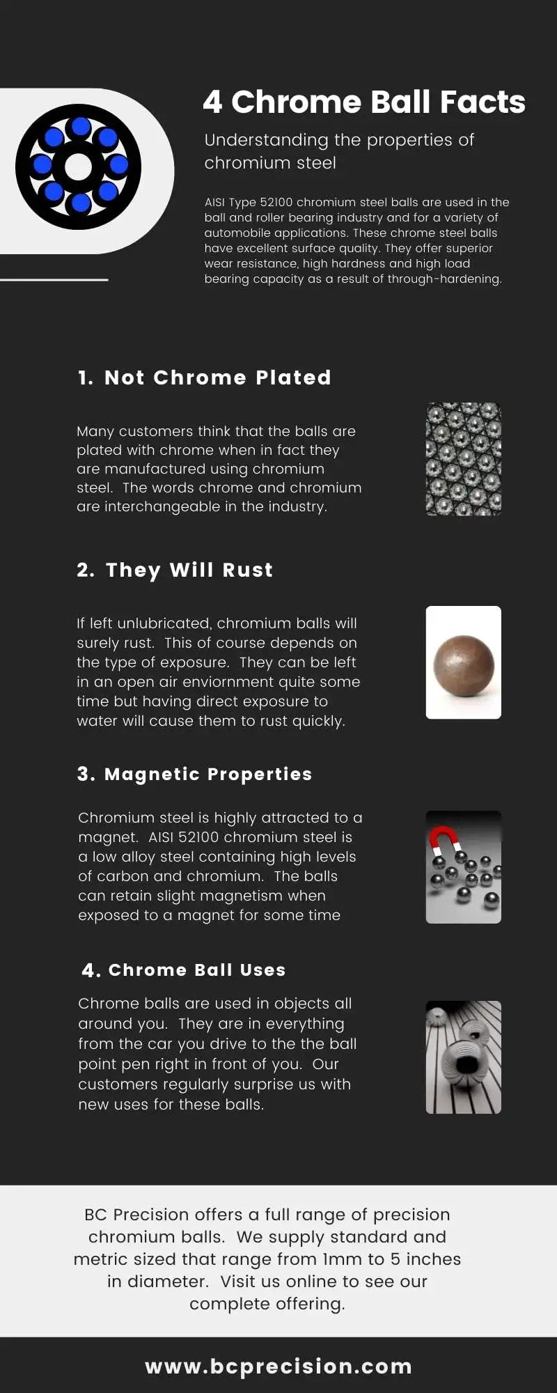 Infographic on chrome steel bearing balls highlighting four facts including plating, rust, magnetic properties, and ball use.