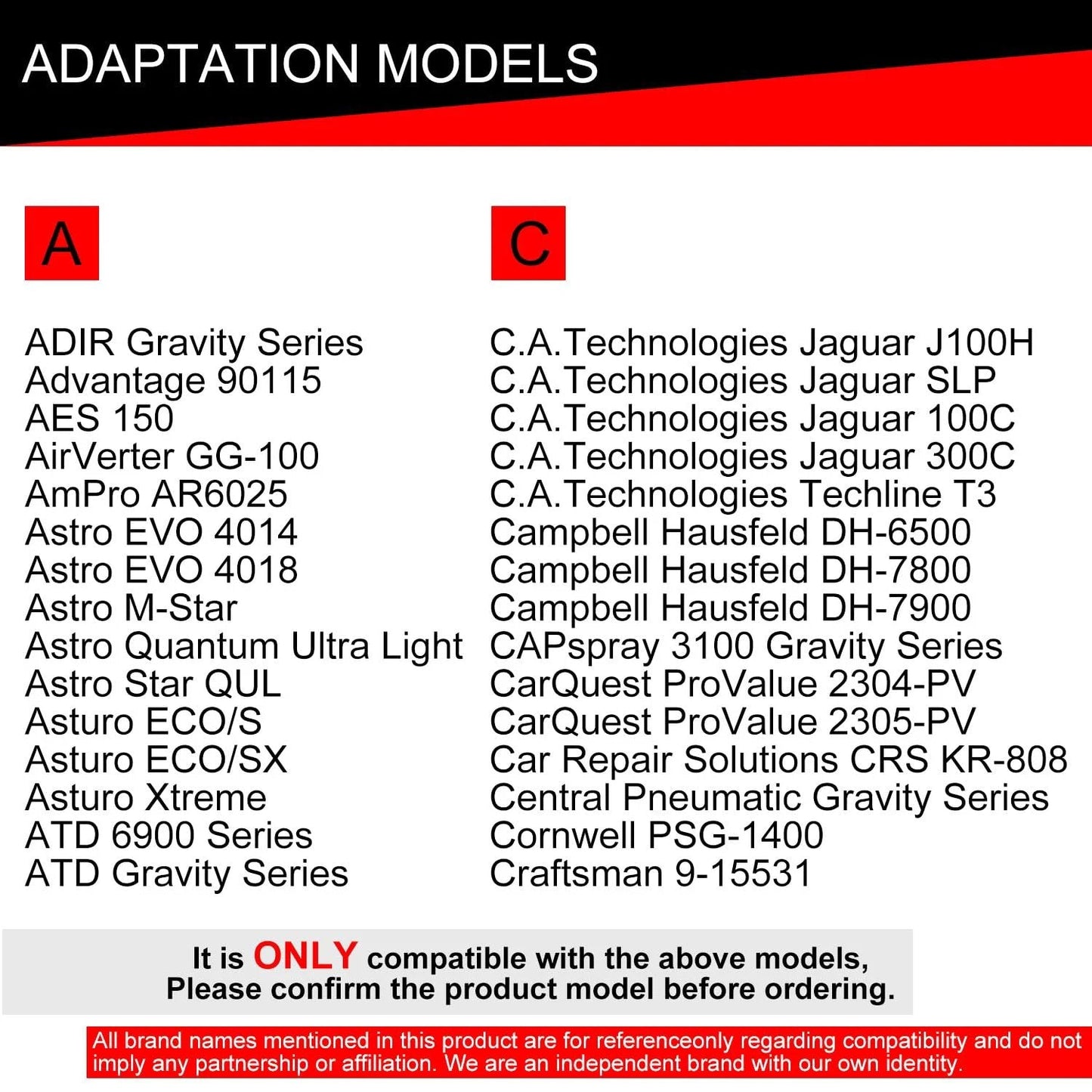 Compatibility list for Heavy Duty PPS 2.0 Spray Gun Adapter, showing compatible spray gun models under sections 'A' and 'C'.