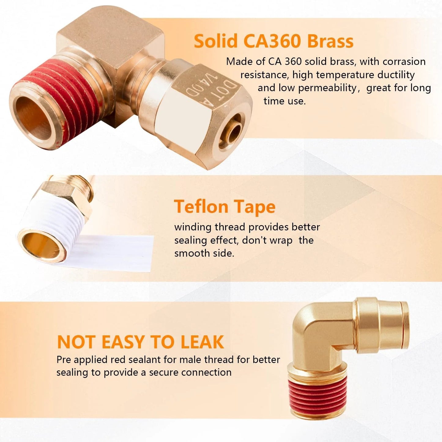 Close-up of brass DOT air line fittings kit with push to connect quick connects showing Teflon tape and red sealant