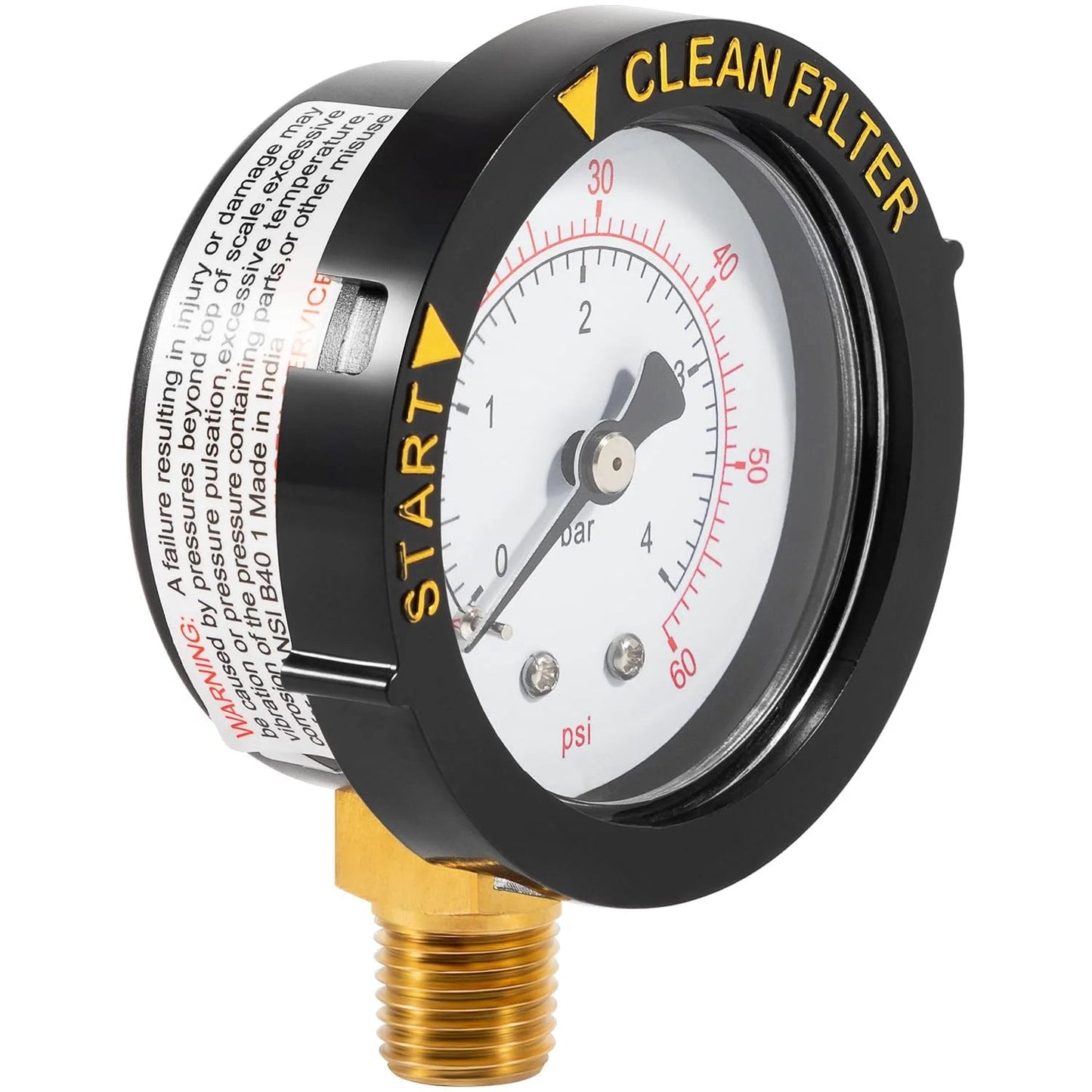 High Flow Manual Air Relief Valve With Pressure Gauge Top Mount Replacement For Pool And Spa Filters Fits Pentair FNS And Clean And Clear Series EasyClean Warrior Predator Models with brass fitting and dual PSI and Bar scales.