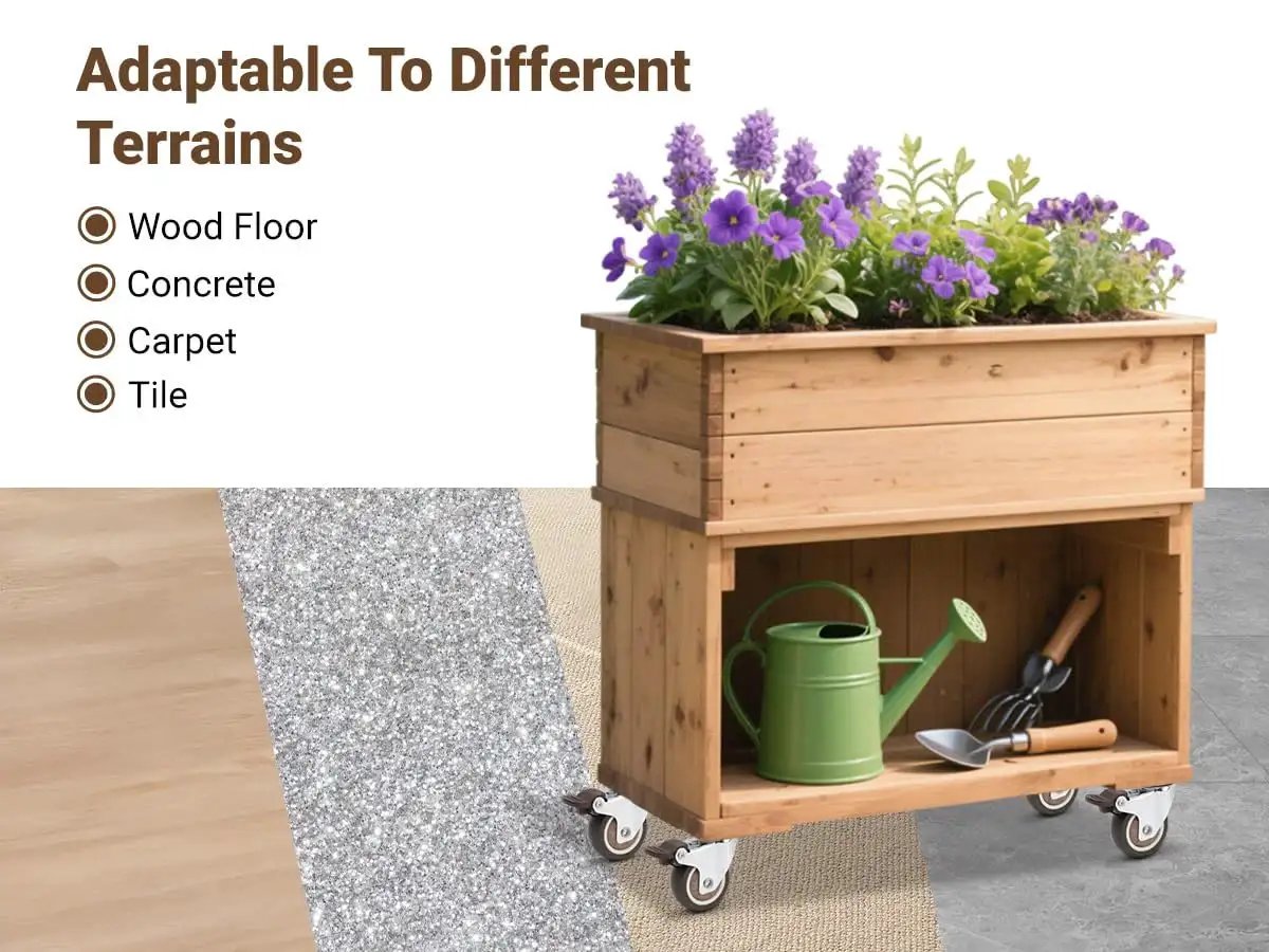 Wooden garden bed on Silent 2 Inch Rubber Caster Wheels With Brakes For Furniture And Equipment, showing 360 Degree Rotation.