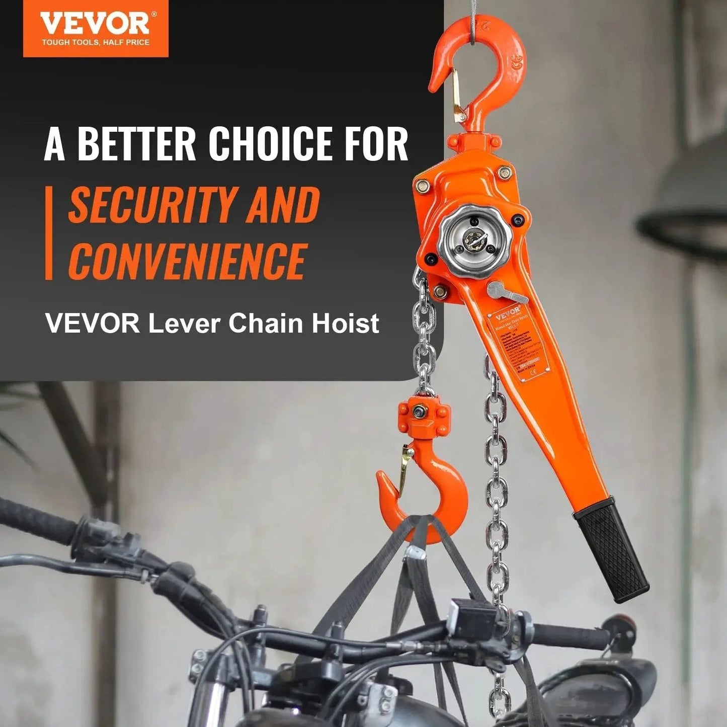 1.5 Ton Manual Lever Chain Hoist With Double-Pawl Brake 10 Ft Lift lifting a bicycle in a workshop setting
