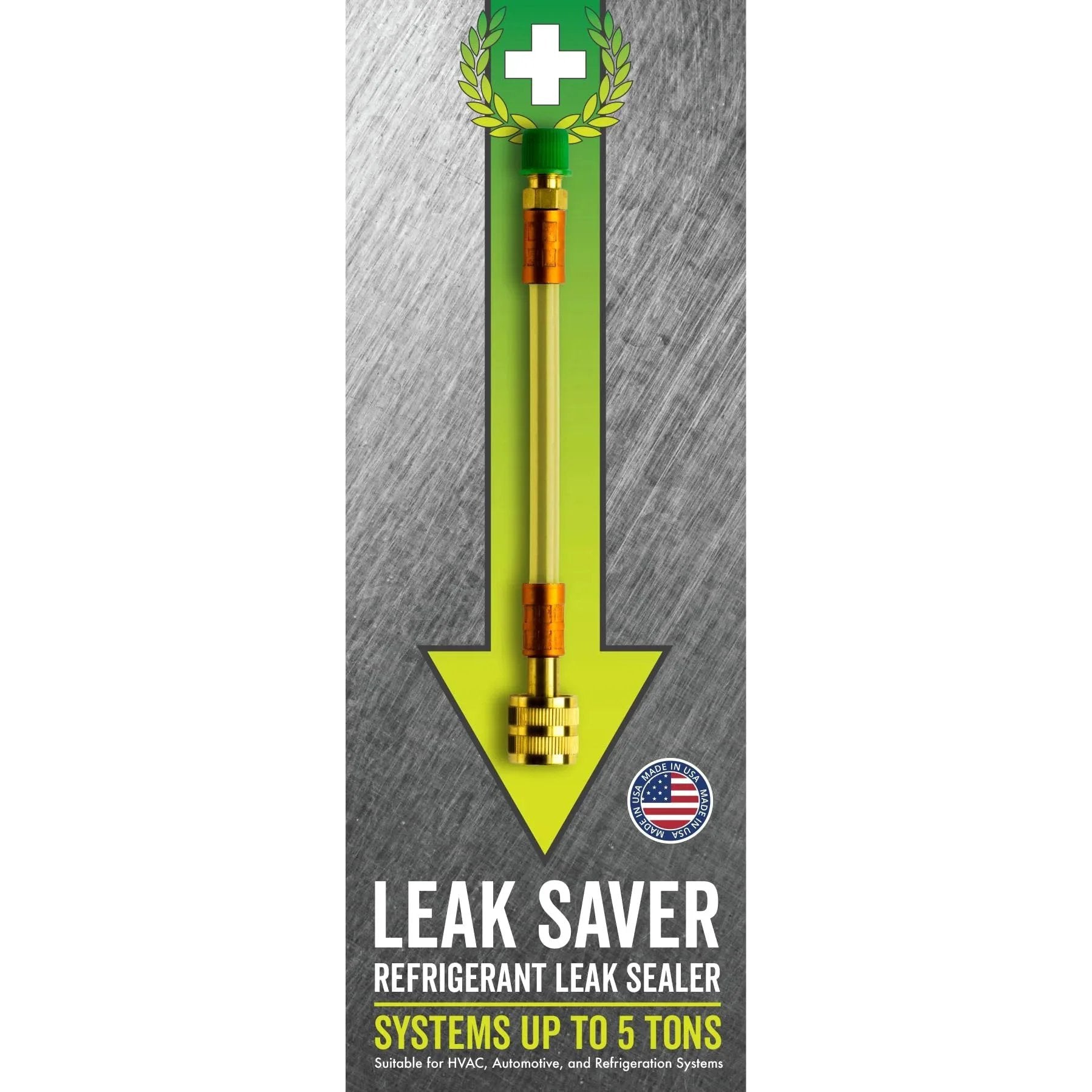 Packaging of Direct Inject AC Leak Sealer For Permanent Refrigerant Leaks In Most HVAC Setups Up To 5 Tons, Made In The USA