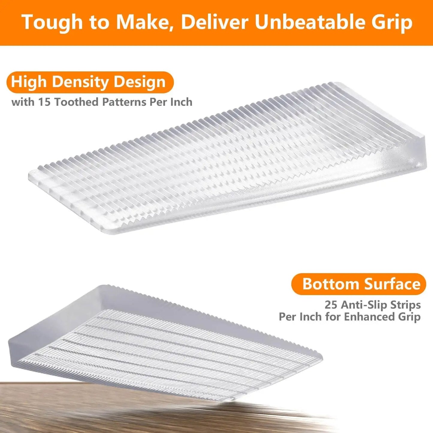 Close-up of Clear Flexible Plastic Shim Kit 12pc with toothed and anti-slip surface for home improvement leveling projects.