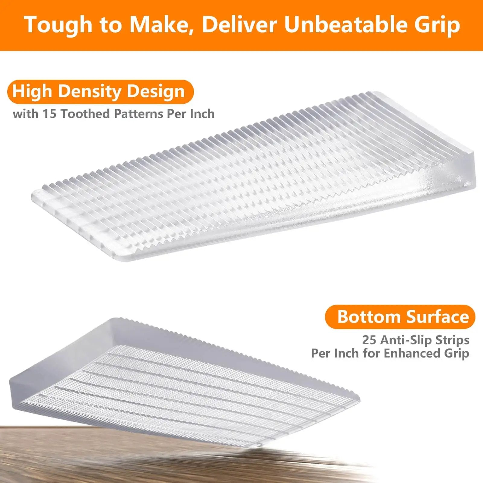 Close-up of Clear Flexible Plastic Shim Kit 12pc with toothed and anti-slip surface for home improvement leveling projects.