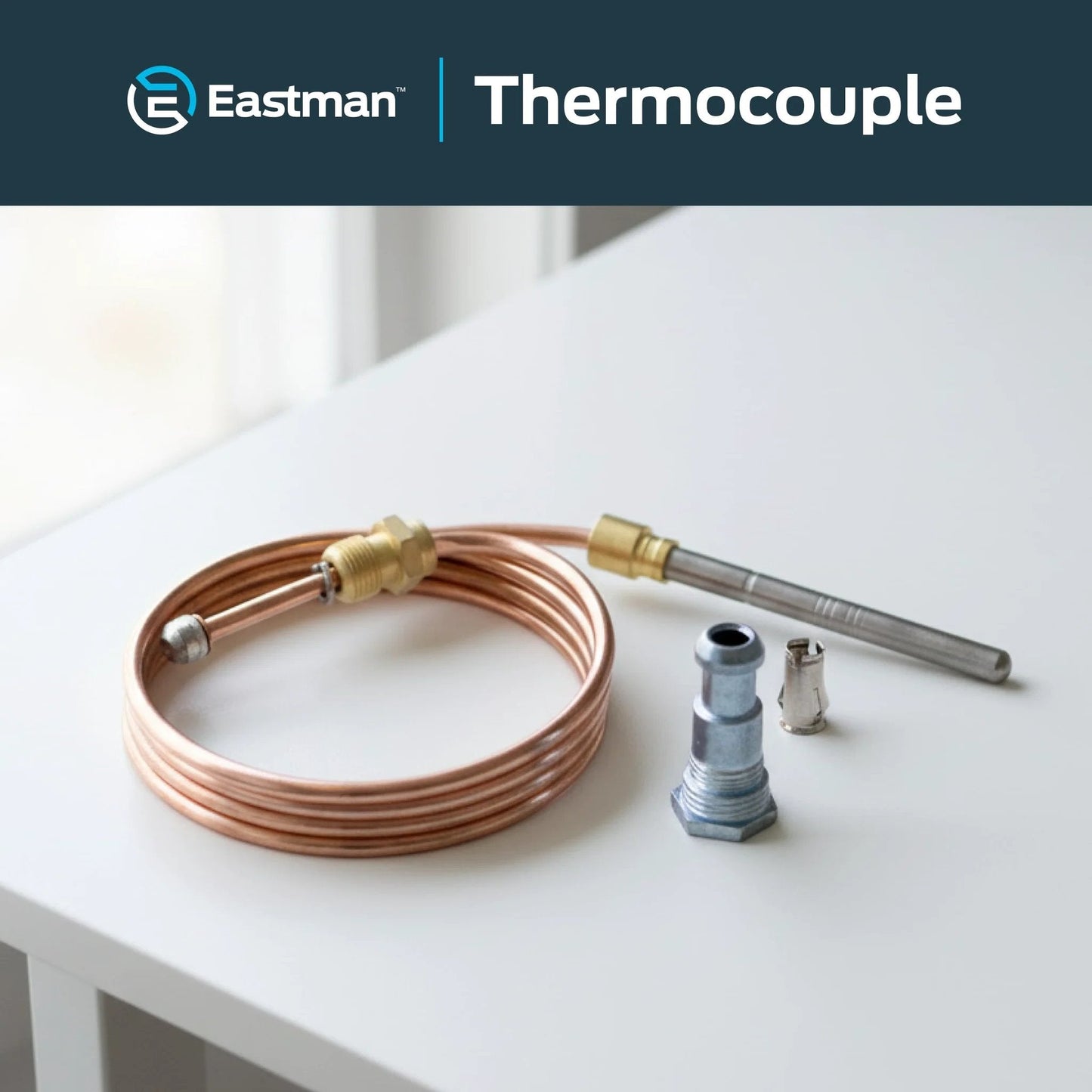 18 Inch Gas Thermocouple With Stainless Steel Head For Water Heaters Copper Core Sensor For Reliable Flame Sensing And Easy Installation Plug And Play Ready Durable Replacement Part Eastman 60035 displayed on a table with connectors