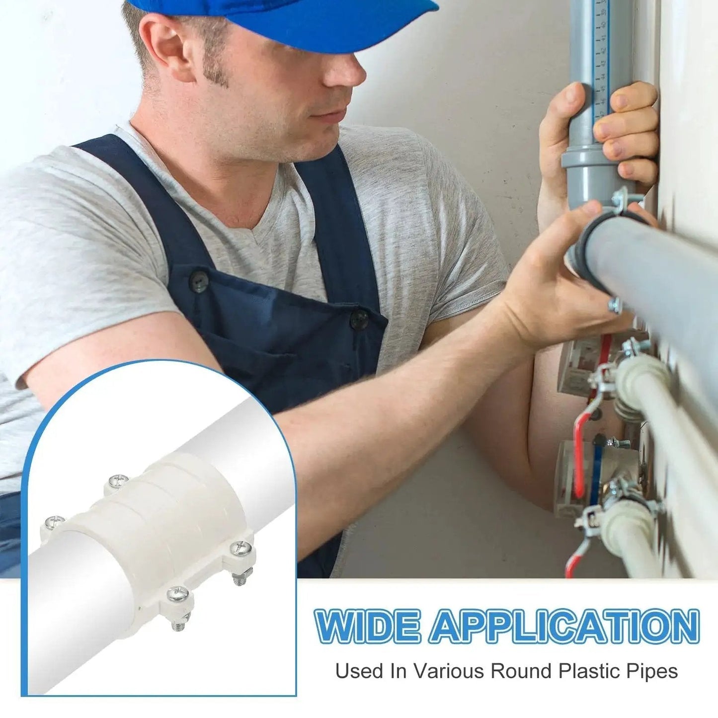 Man installing 2 Inch Water Pipe Repair Clamp PVC Leak Sealer For 50 Millimeter Outer Diameter Pipes, showing wide application use