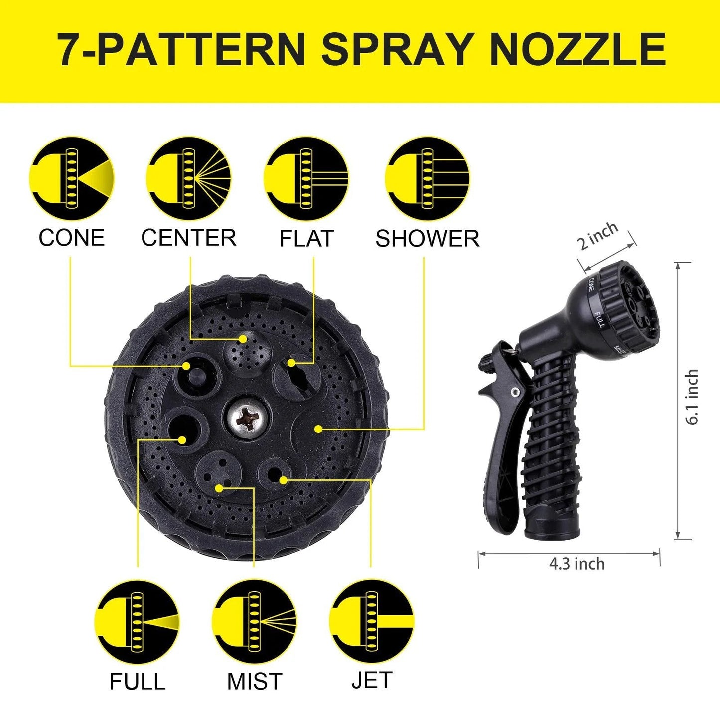 7-pattern spray nozzle detail with dimensions, showing various spray settings; cone, center, flat, shower, full, mist, jet.