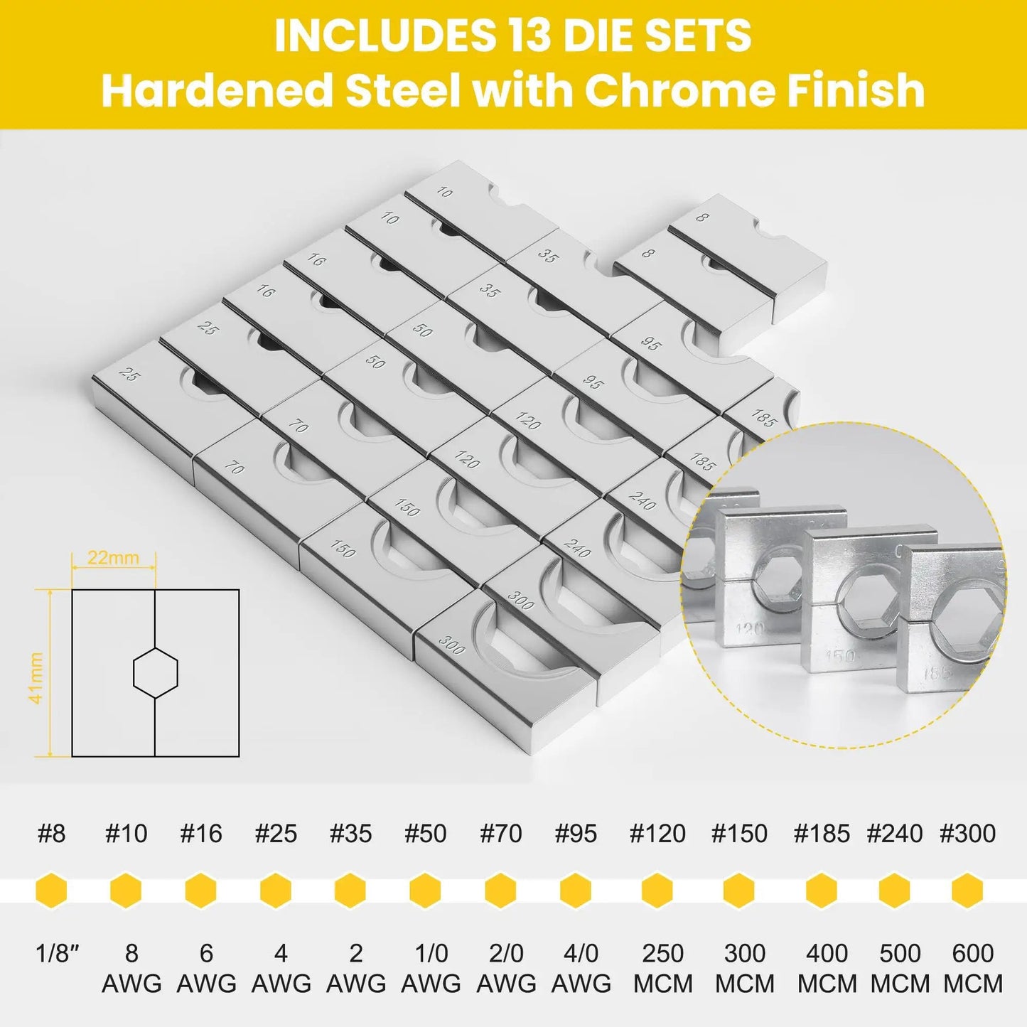 13 die sets for Beefy 16 Ton Hydraulic Wire Crimping Tool with Chrome Finish, sizes range 9 AWG to 600 MCM, copper aluminum wires.
