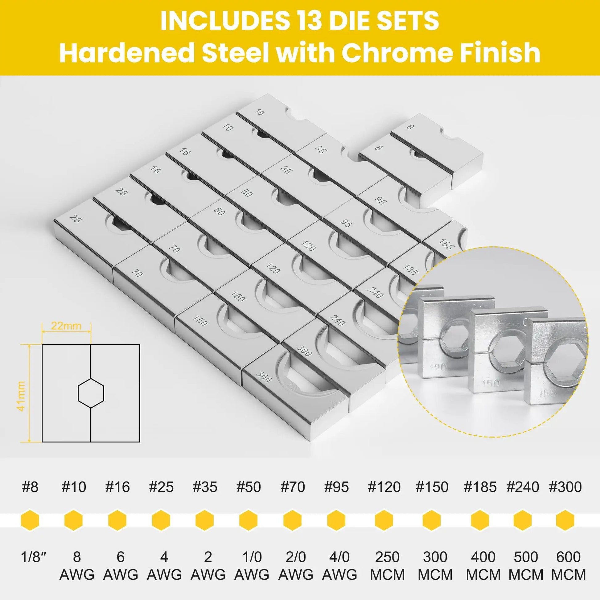 13 die sets for Beefy 16 Ton Hydraulic Wire Crimping Tool with Chrome Finish, sizes range 9 AWG to 600 MCM, copper aluminum wires.