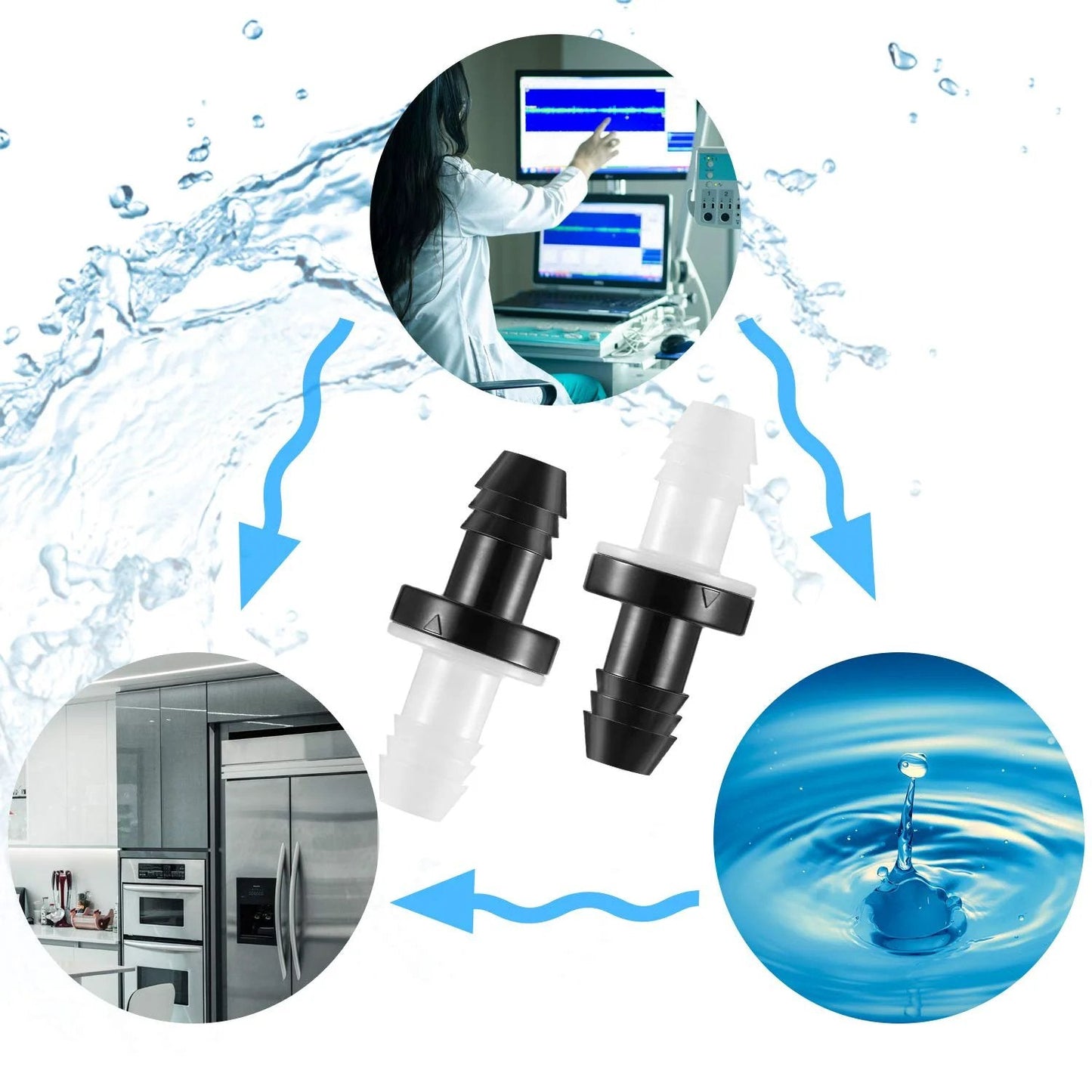 Six Piece Bulk Inline One Way Check Valve Set Three Eighths Inch ABS Plug In Valves For Fuel Water Air And Gas Systems Silicone Core Resists Heat And Corrosion For Liquids And Gases image showing valves against a backdrop of water and technology.