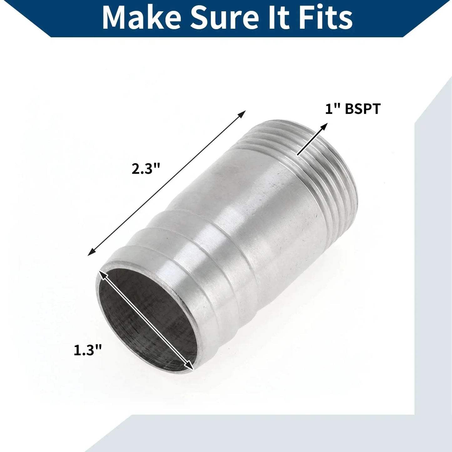 Go-To Stainless Steel Hose Barb Fittings 201, 1.3 inch outer diameter, 1 inch BSPT I shaped male thread barb connector, silver tone