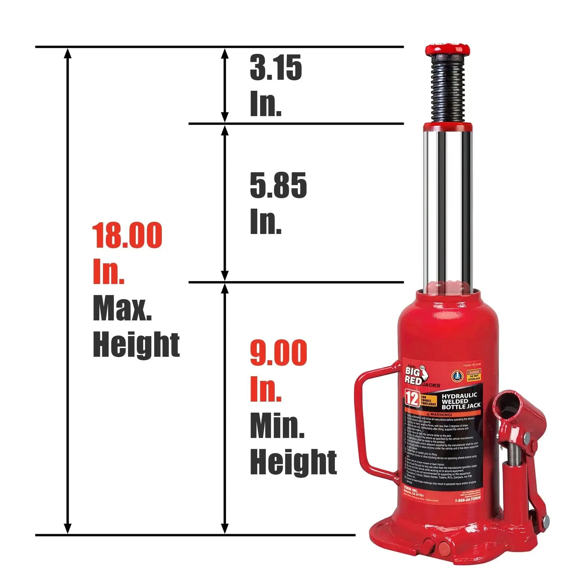 12 Ton Hydraulic Bottle Jack With 9 To 18 Inch Lift And Secure Welded Saddle shown with height dimensions