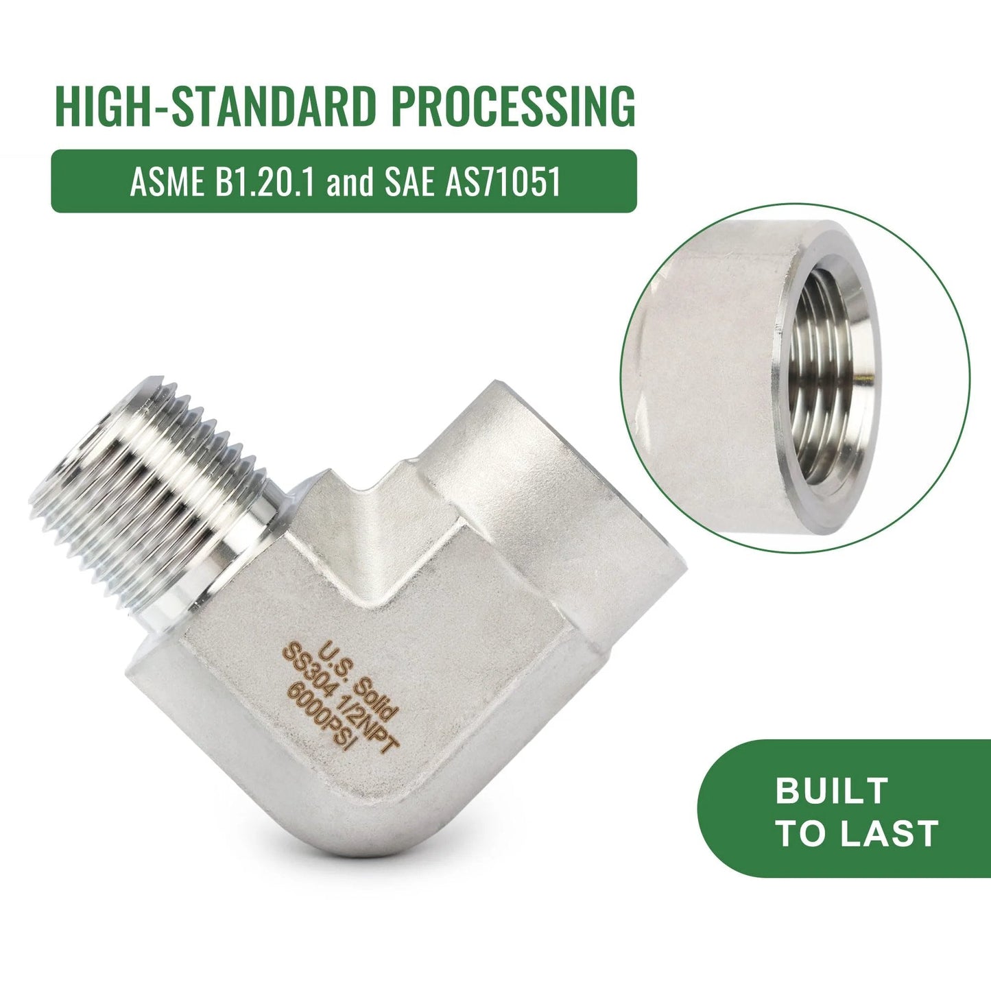 304 Stainless Steel High Pressure 6000 Psi Right Angle Street Elbow Pipe Fitting Male To Female Thread Barstock For Plumbing Industrial Job Sites For Heavy Duty Use, shown with threaded connectors and high-standard processing text.