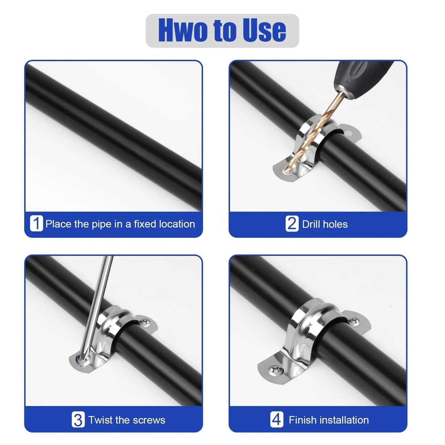 Installation steps for 30Pcs 1 Inch Stainless Steel Conduit Clamps With 2 Hole U Bracket Straps Tension Clips shown on a pipe