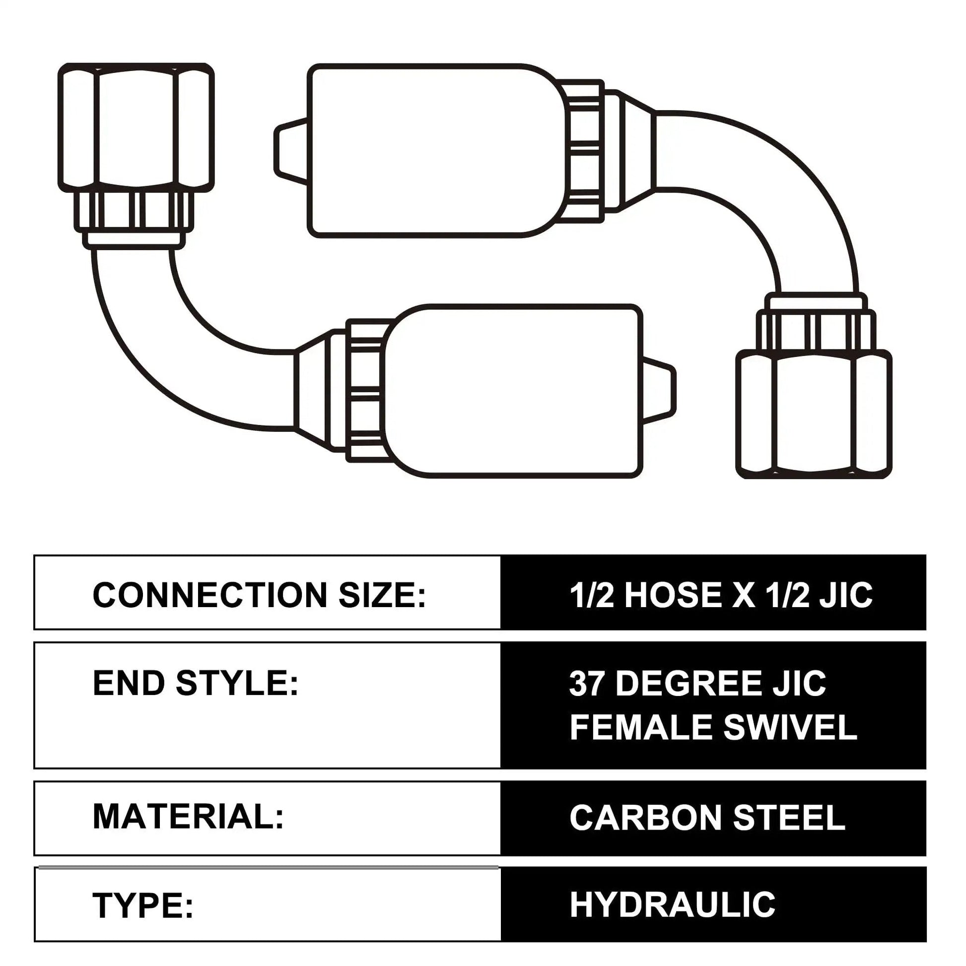 Diagram of Hydraulic Fittings 90 Degree 1/2 Inch JIC to 1/2 Inch Hose Crimp Kit, 37 Degree JIC Swivel, Carbon Steel Material