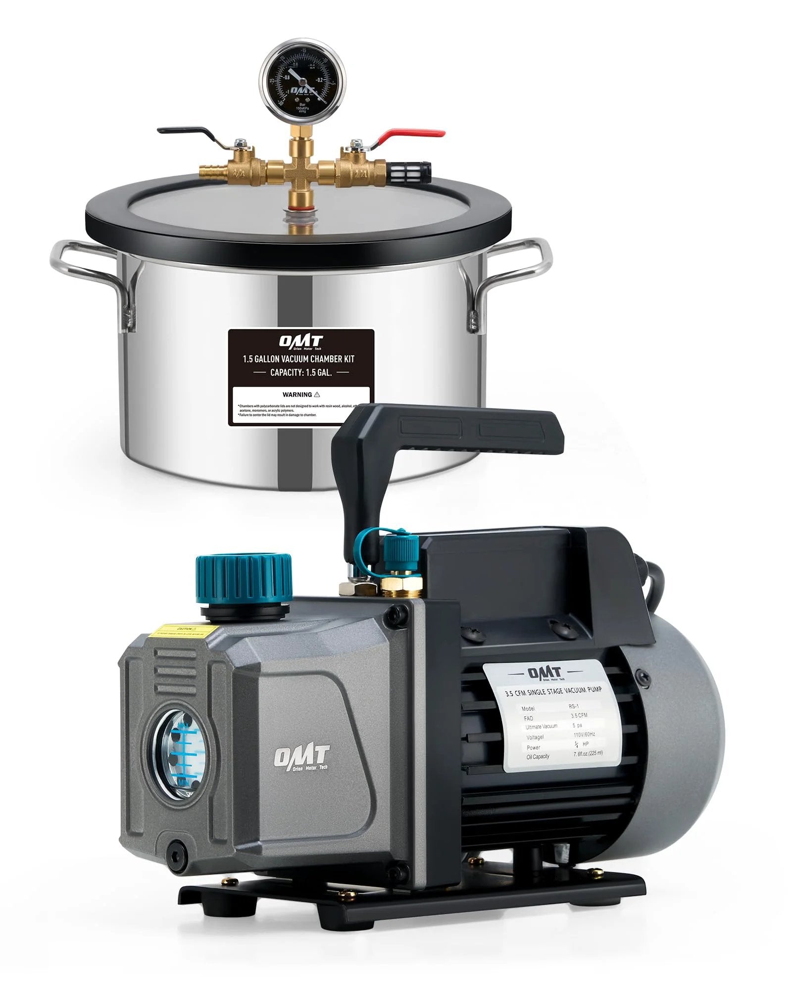 All In One 3 Gallon Vacuum Chamber Kit With One Quarter Horsepower Pump, Tempered Glass Lid, And 5 Foot Hose