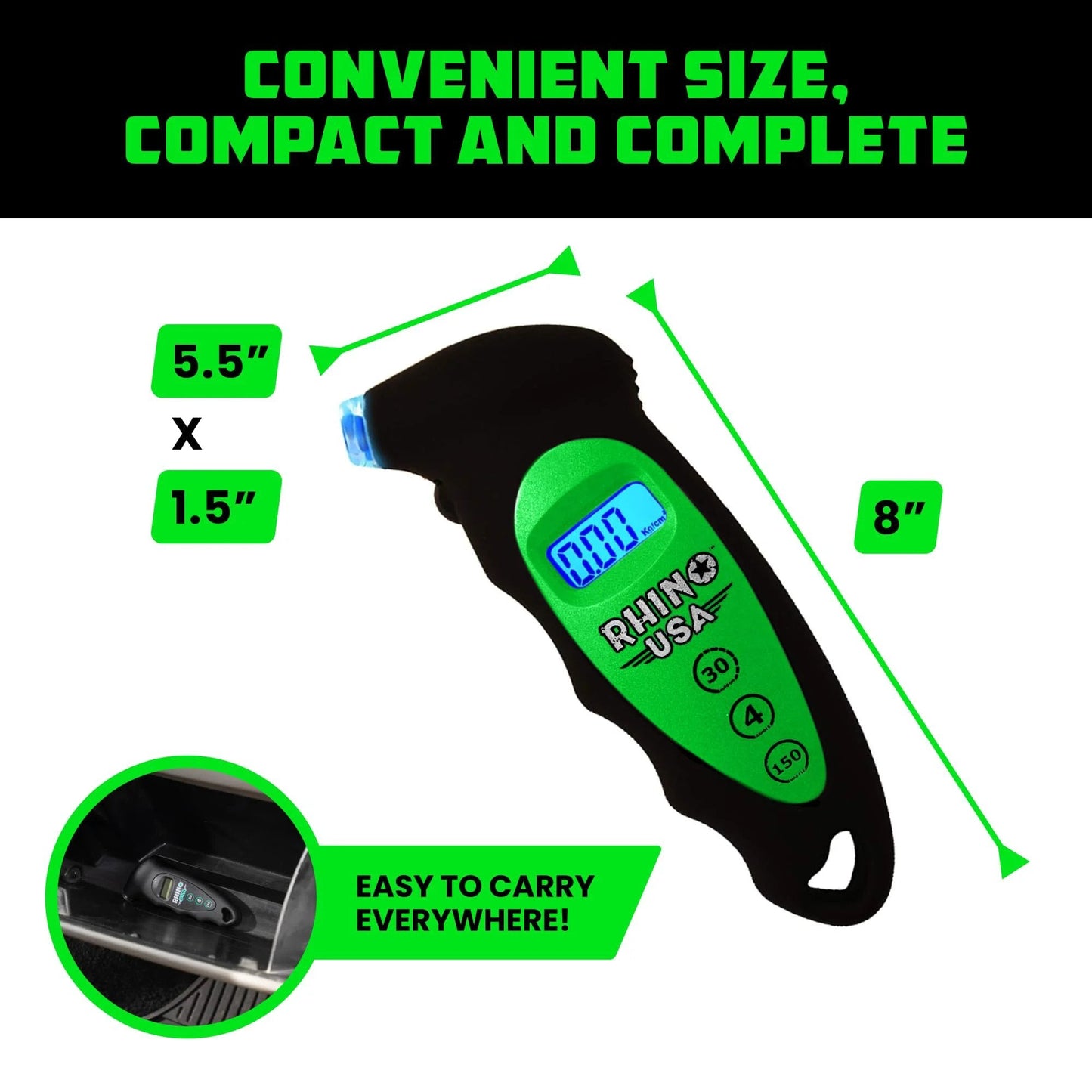 Digital Tire Pressure Gauge 150 PSI With Lighted Nozzle And Backlit LCD Display, easy to carry compact ergonomic tool