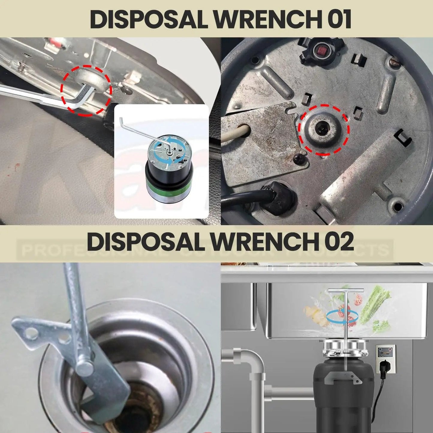 Universal Garbage Disposal Unjamming Wrench WRN00 illustrating use with Waste King, Moen, and SinkErator disposals in kitchen sinks.