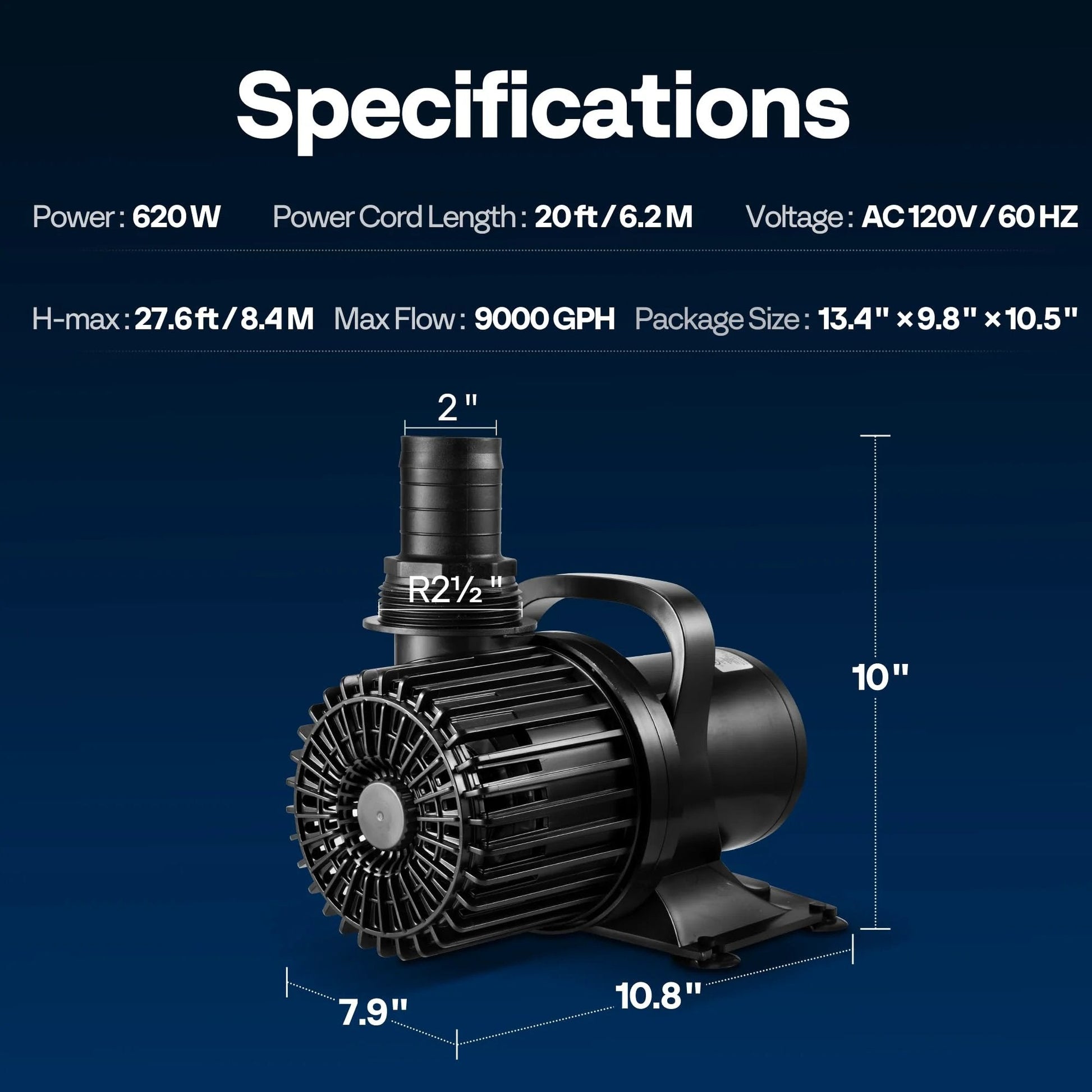 Specifications of Powerful Workhorse Submersible Water Pump 620W 9000 GPH for Koi Ponds, high lift, quiet operation, durable build.