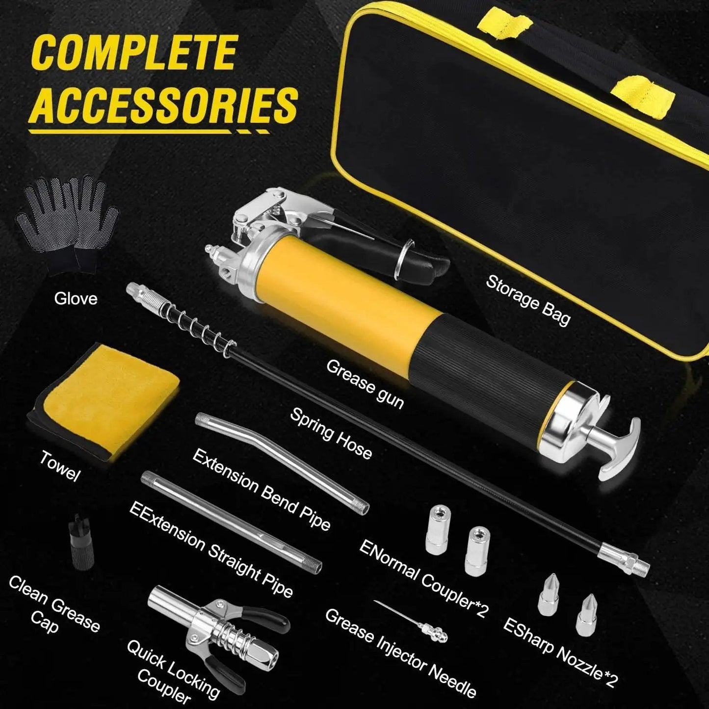 Heavy Duty Grease Gun Kit With 8000 PSI Max, 14 Oz Capacity, 18 Inch Resin Flex Hose, Double Handle Coupler, Accessories By GETLMUL