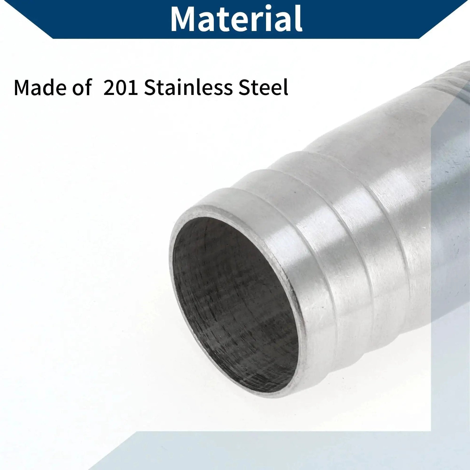 Close-up of Go-To Stainless Steel Hose Barb Fittings 201, 1.3 inch OD I shaped male thread, silver tone showing 201 stainless steel material.