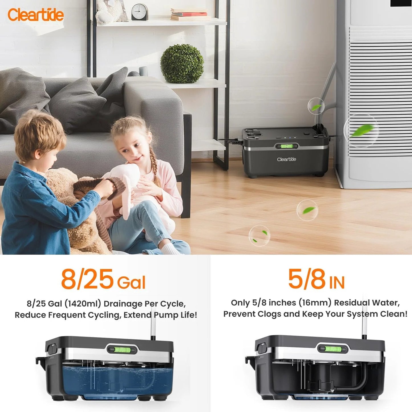 Super Quiet Condensate Pump For HVAC Systems with Safety Switch next to air conditioner in living room with children and pet.