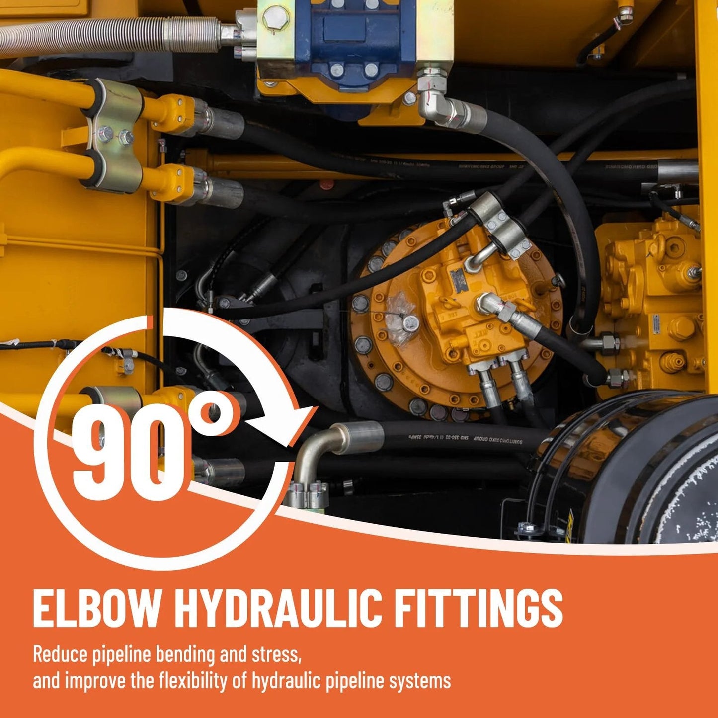 Five Pack 90 Degree Hydraulic Elbow Fittings 1 Quarter NPTF Male To 1 Quarter NPSM Female With Protection Cover and Swivel Crimp Connector installed on machinery.