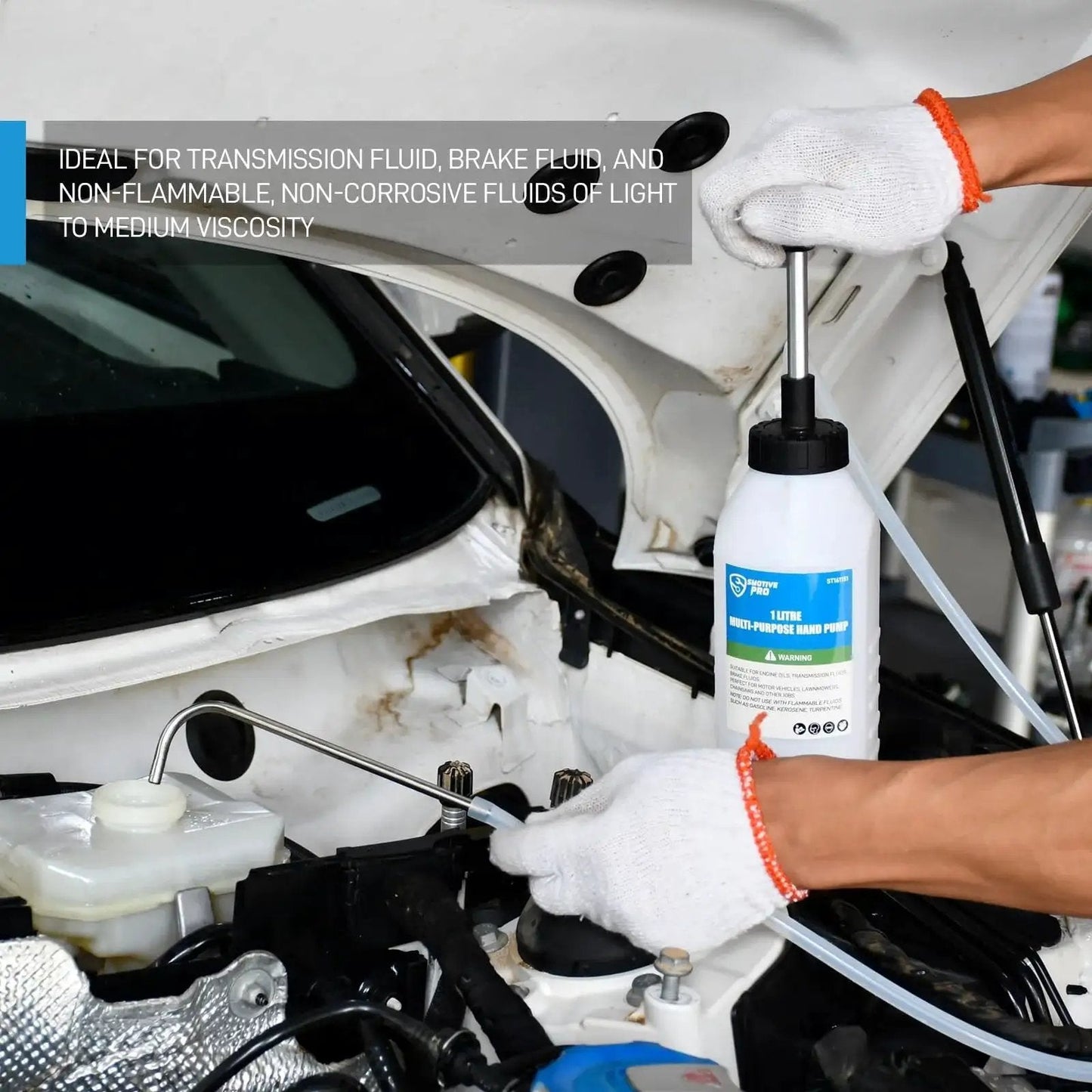 Person using 1 Liter Oil Transfer Pump For Engine And Transmission Fluids Narrow Space in car engine bay