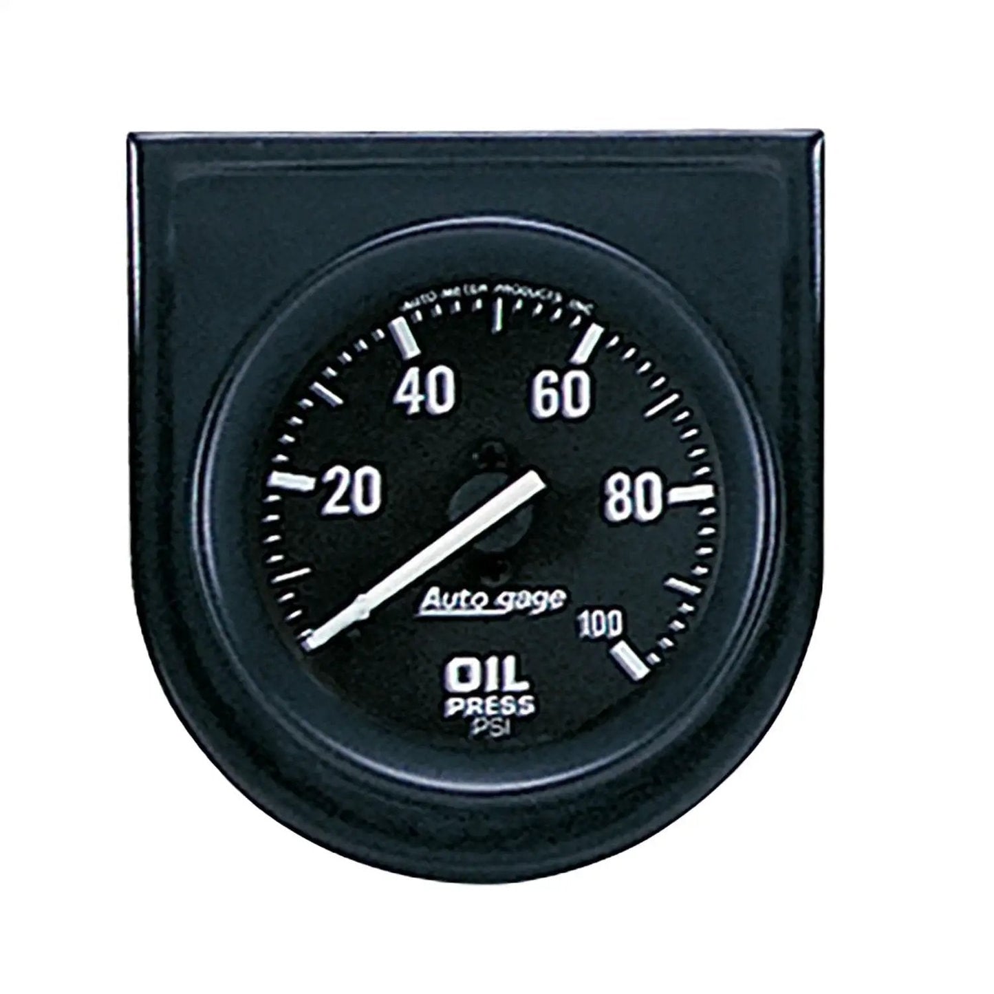 Front view of Oil Pressure Gauge Panel Kit 2.3125 Inch Autogage by Auto Meter, black dial with white markings for street and performance.